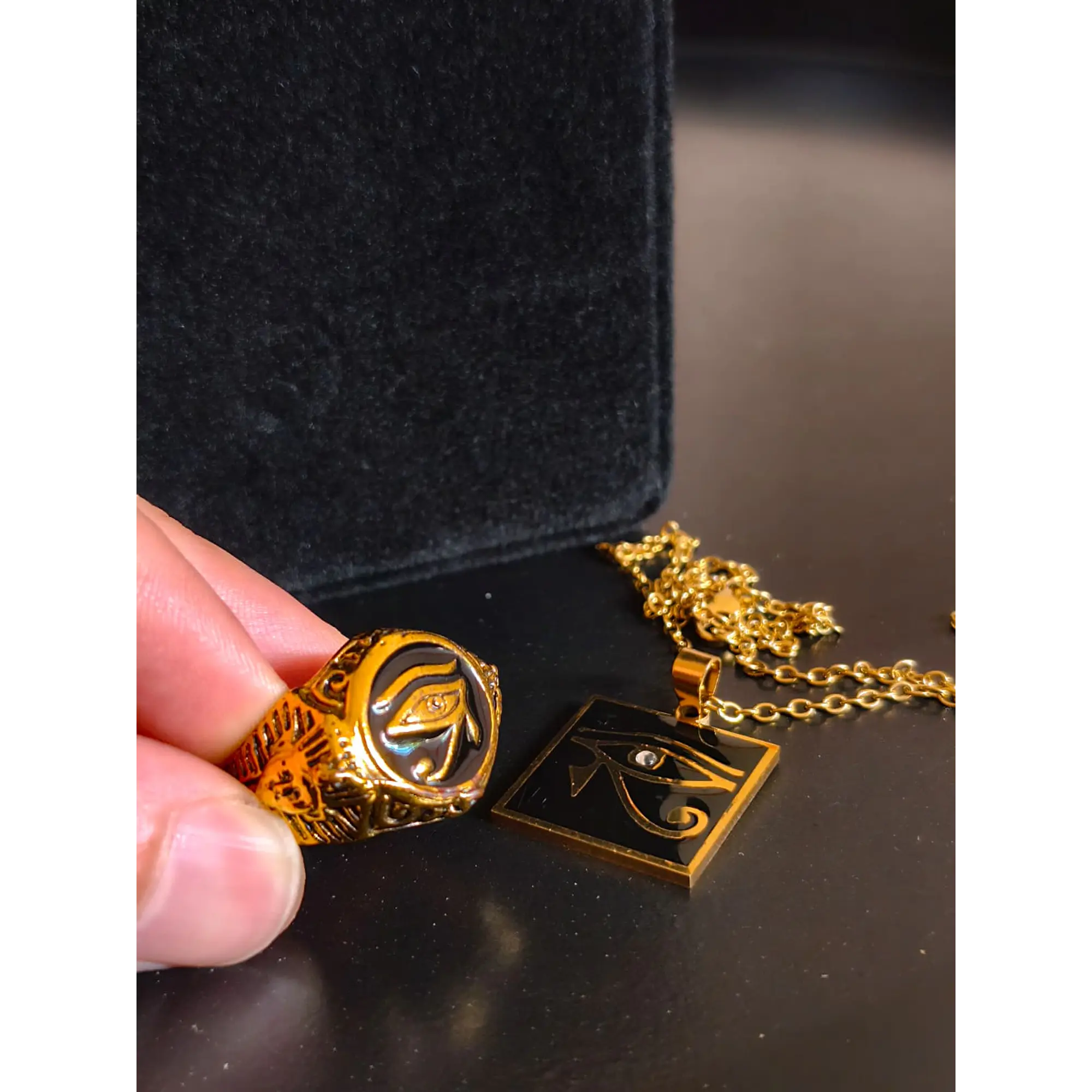 Eye of Horus Set: Necklace with Square Pendant + Mystic Gold Ring 2