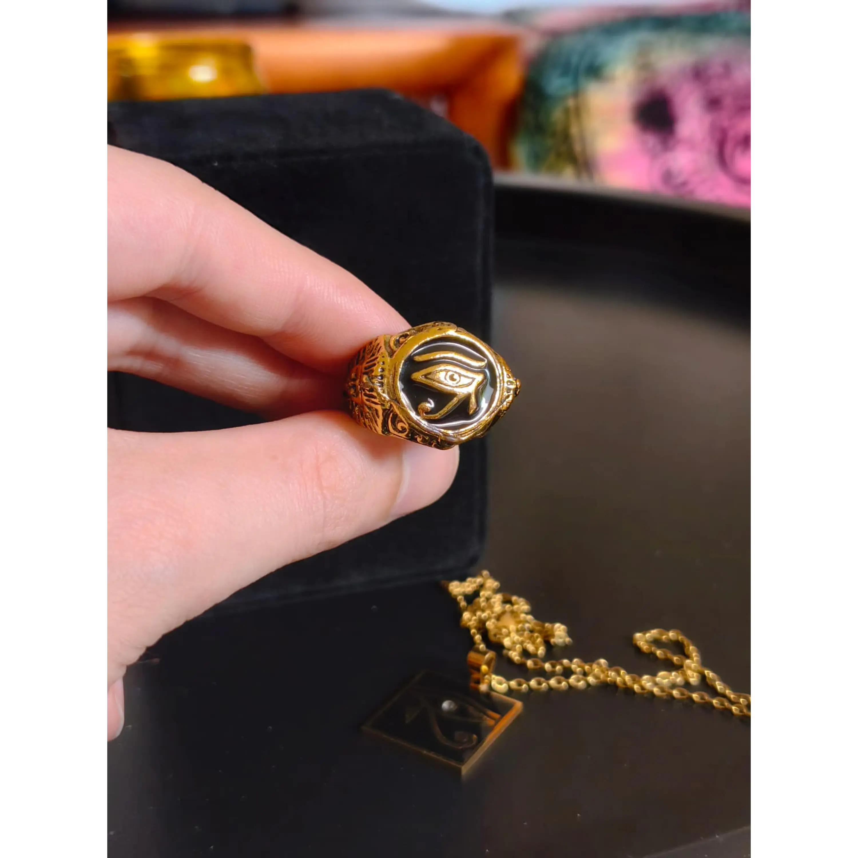 Eye of Horus Set: Necklace with Square Pendant + Mystic Gold Ring 5