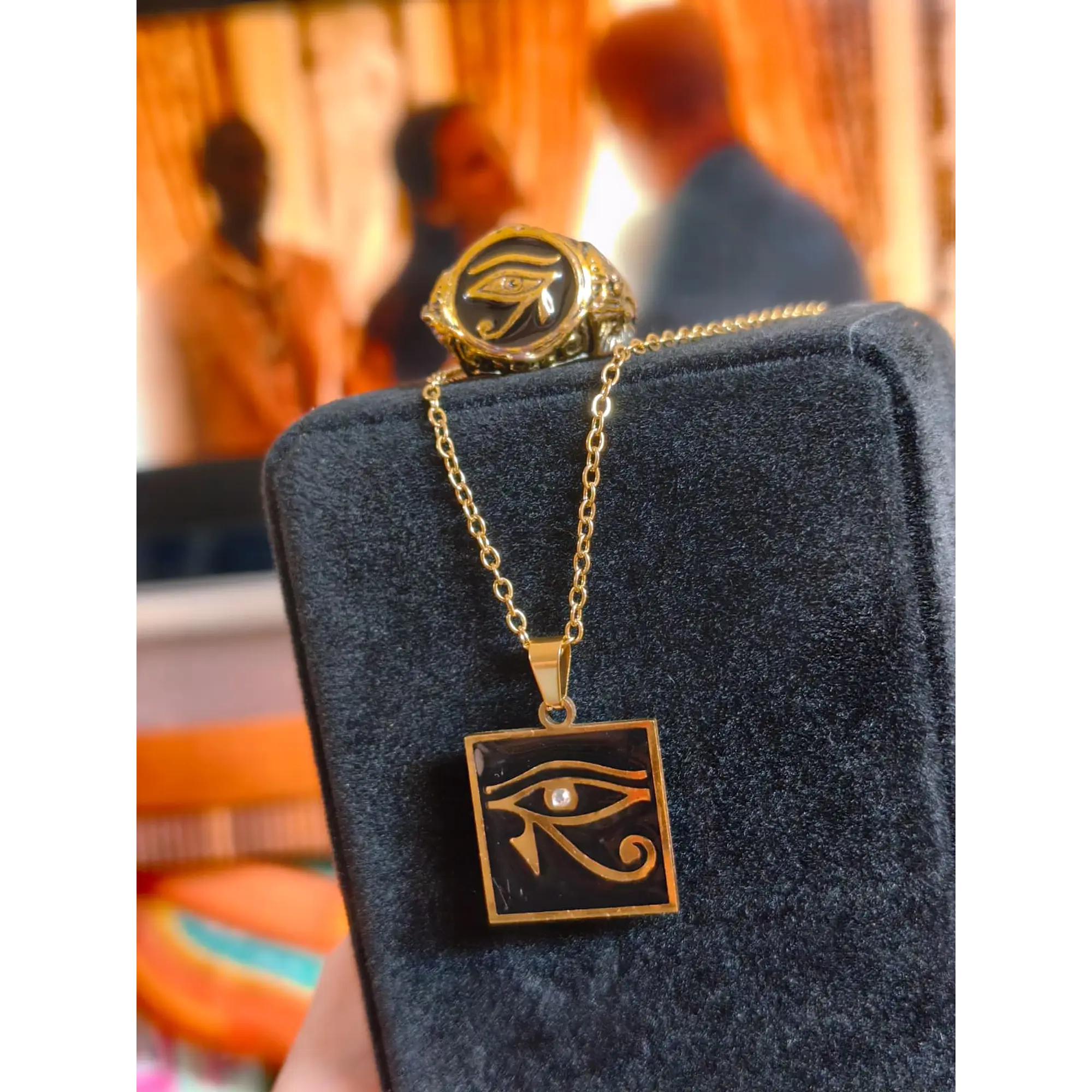 Eye of Horus Set: Necklace with Square Pendant + Mystic Gold Ring 6