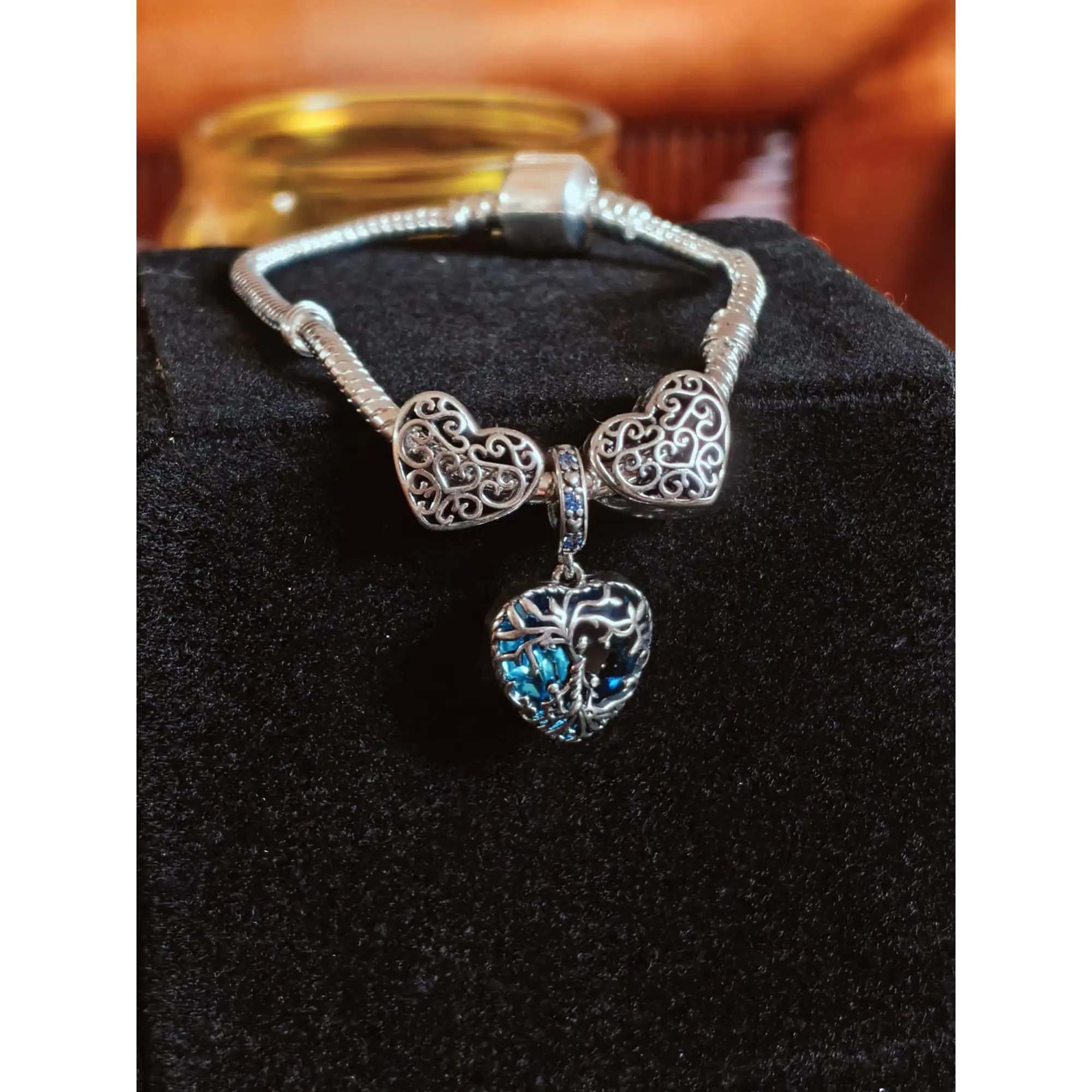 Pulseira de Prata com Charms Coração e Pendente Cristal Azul 2