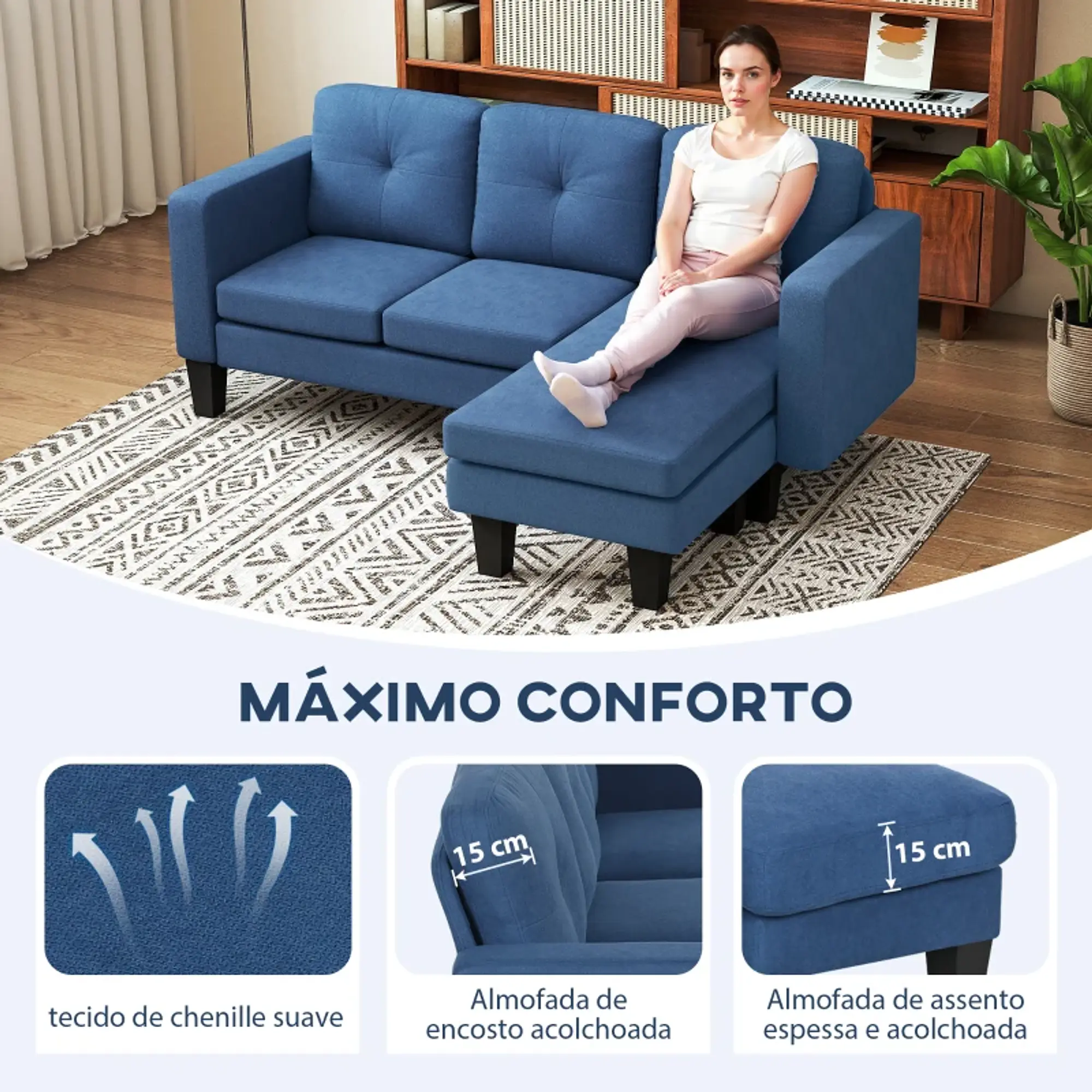 Sofá Chaise Longue Sofá em Forma de L Estofado em Poliéster 10