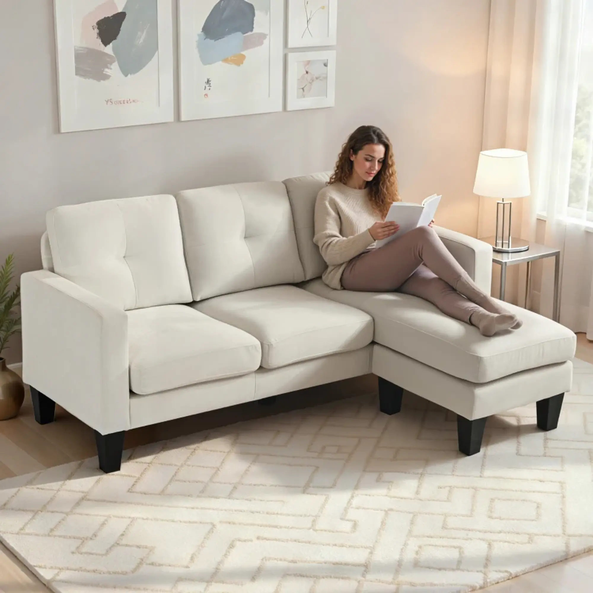 Sofá Chaise Longue Sofá em Forma de L Estofado em Poliéster 5