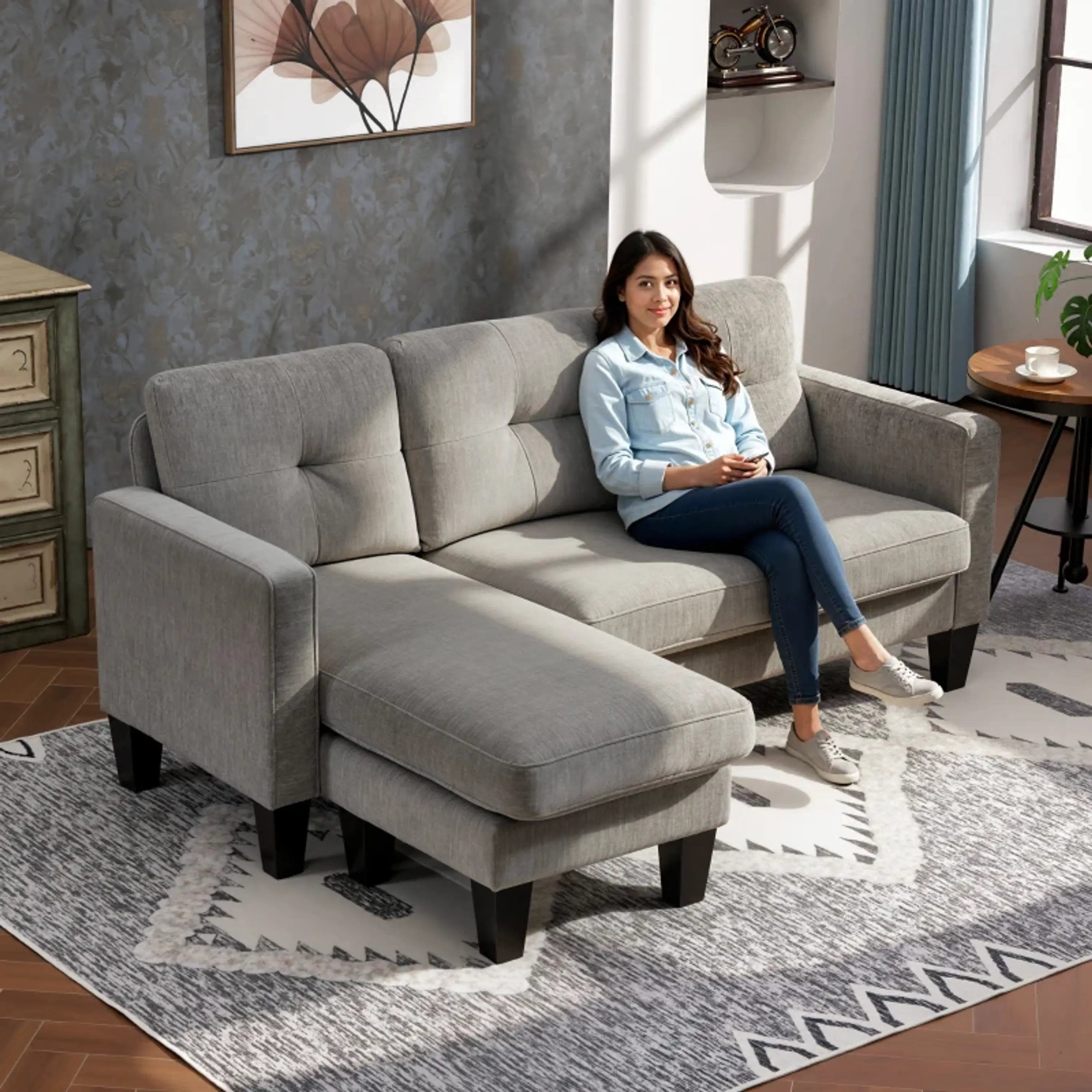 Sofá Chaise Longue Sofá em Forma de L Estofado em Poliéster 9