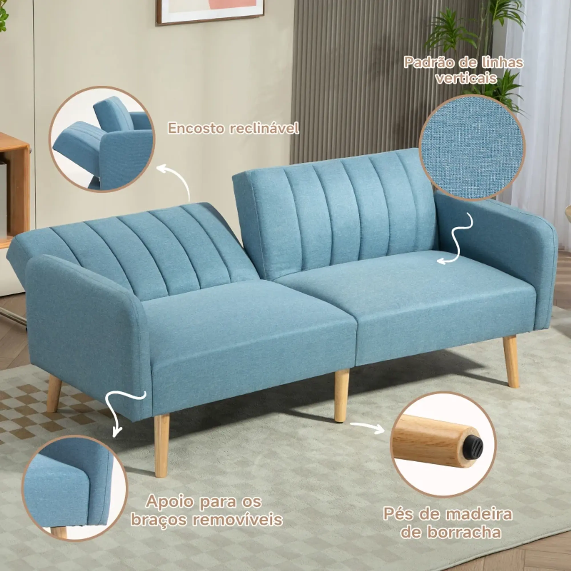 Sofá Cama de 2 Lugares com Encosto Ajustável em 3 Posições 6