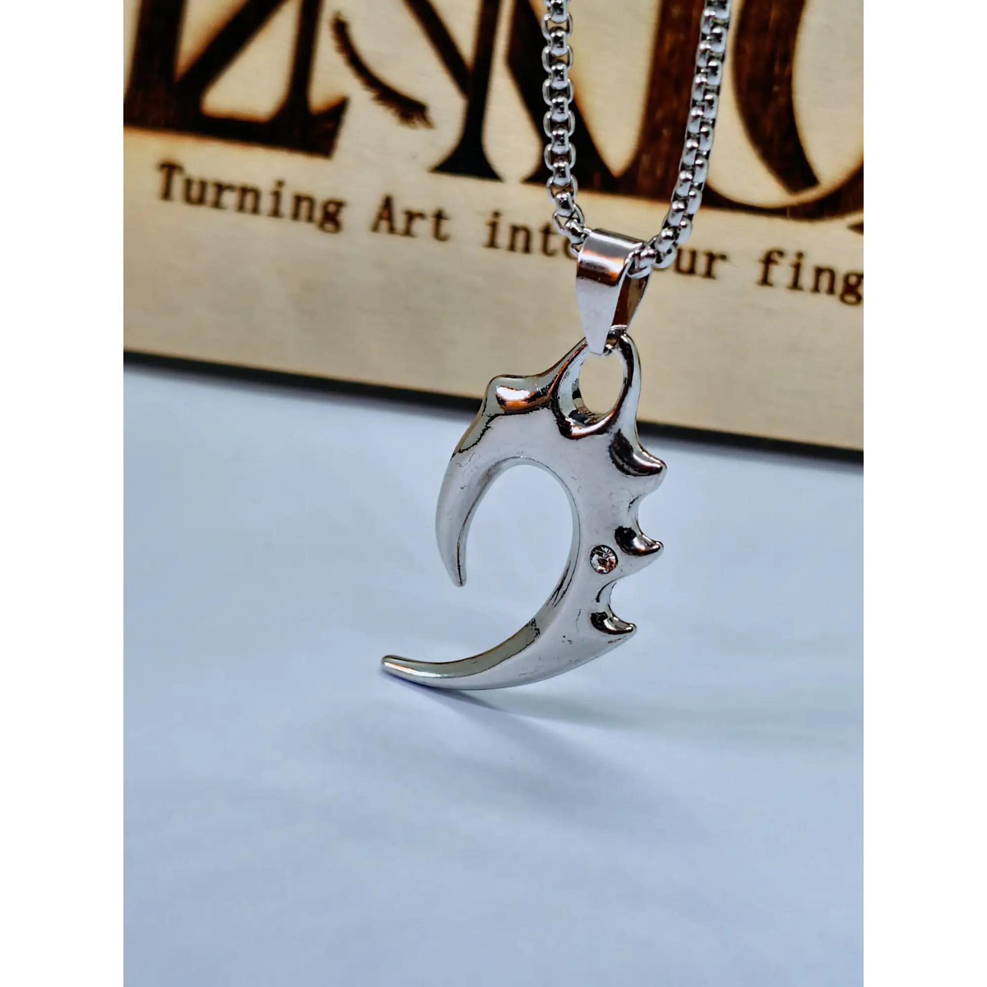 Tribal Claw Pendant Necklace in Stainless Steel, Silver Finish with Cubic Zirconia 1