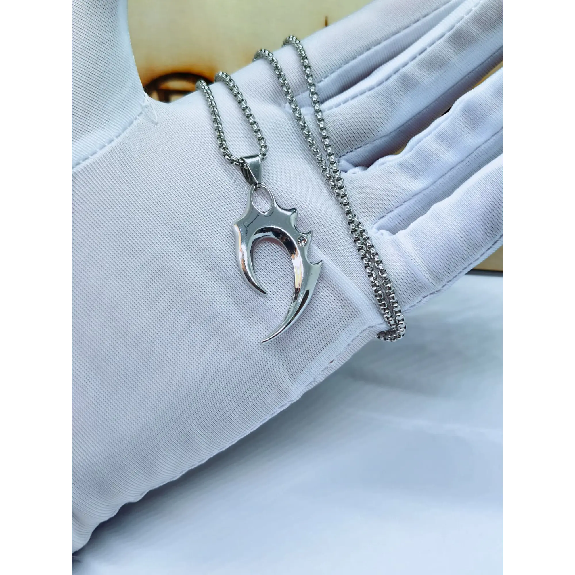 Tribal Claw Pendant Necklace in Stainless Steel, Silver Finish with Cubic Zirconia 2