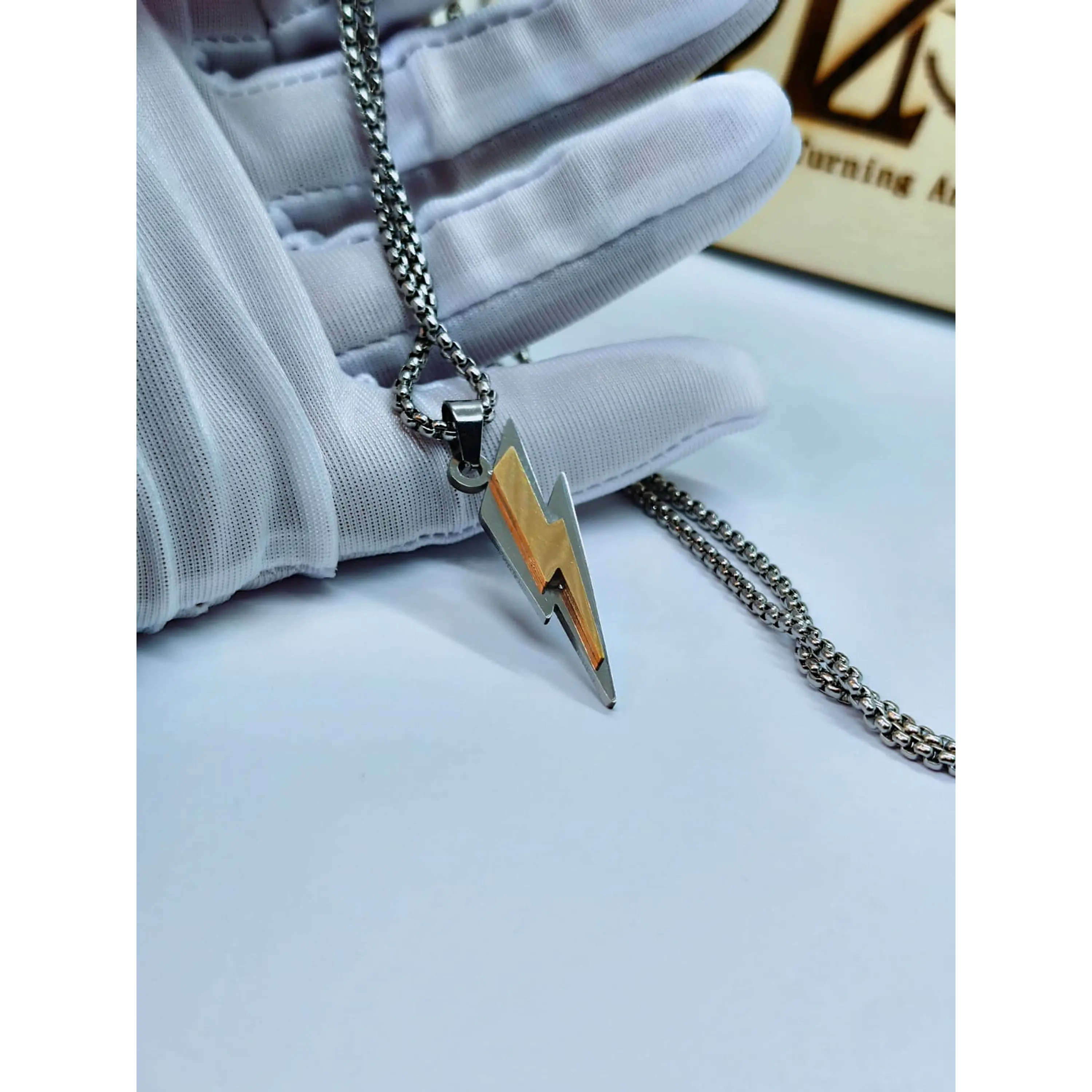Two-tone Stainless Steel Lightning Bolt Pendant Necklace – Silver and Gold 3
