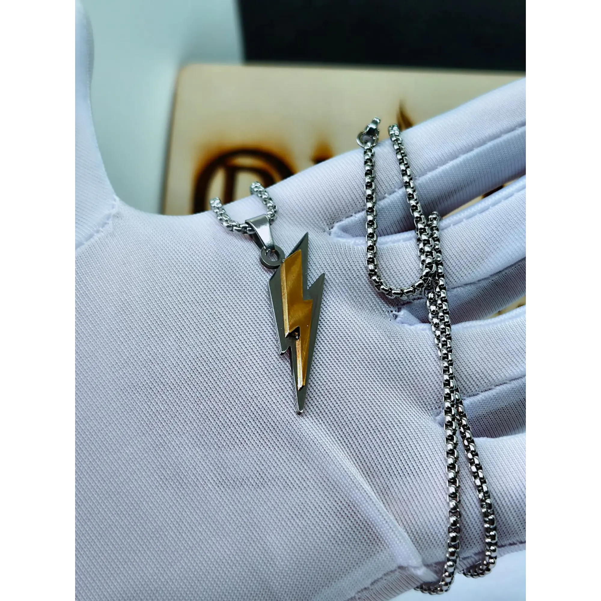 Two-tone Stainless Steel Lightning Bolt Pendant Necklace – Silver and Gold 2