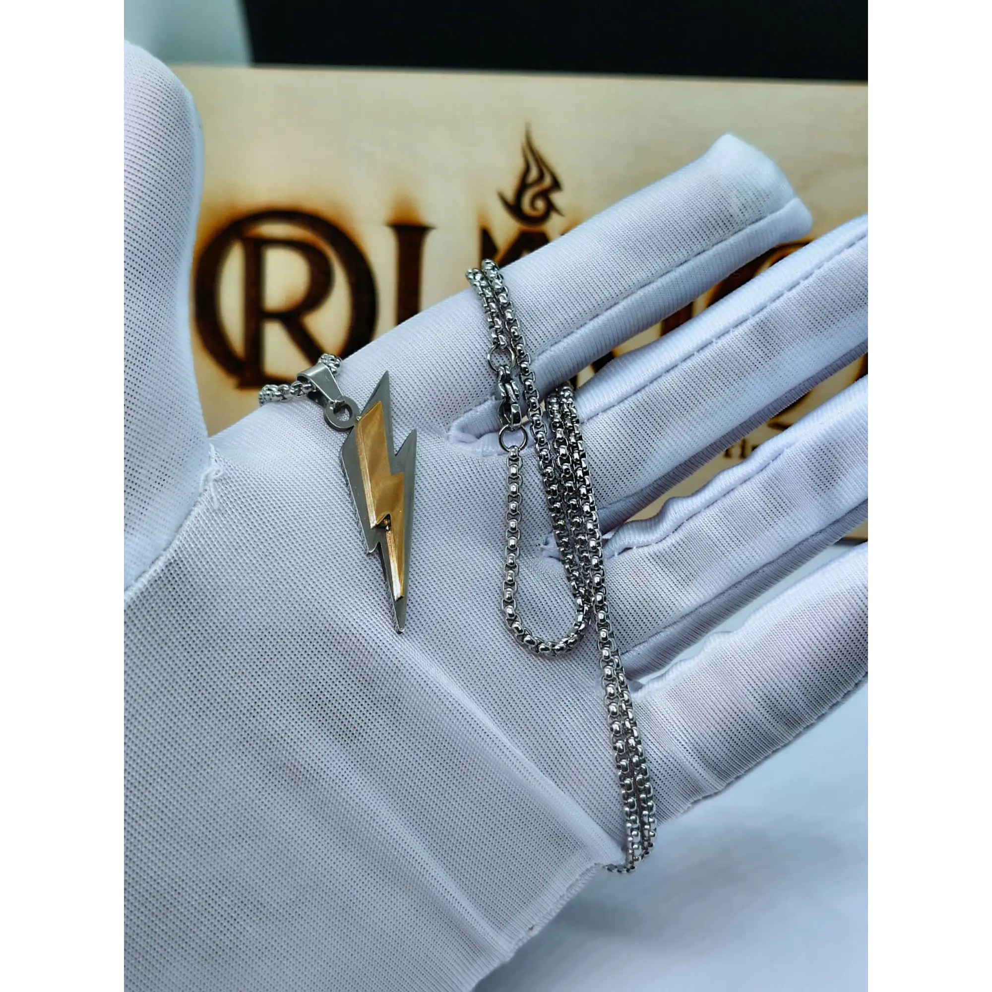 Two-tone Stainless Steel Lightning Bolt Pendant Necklace – Silver and Gold 4