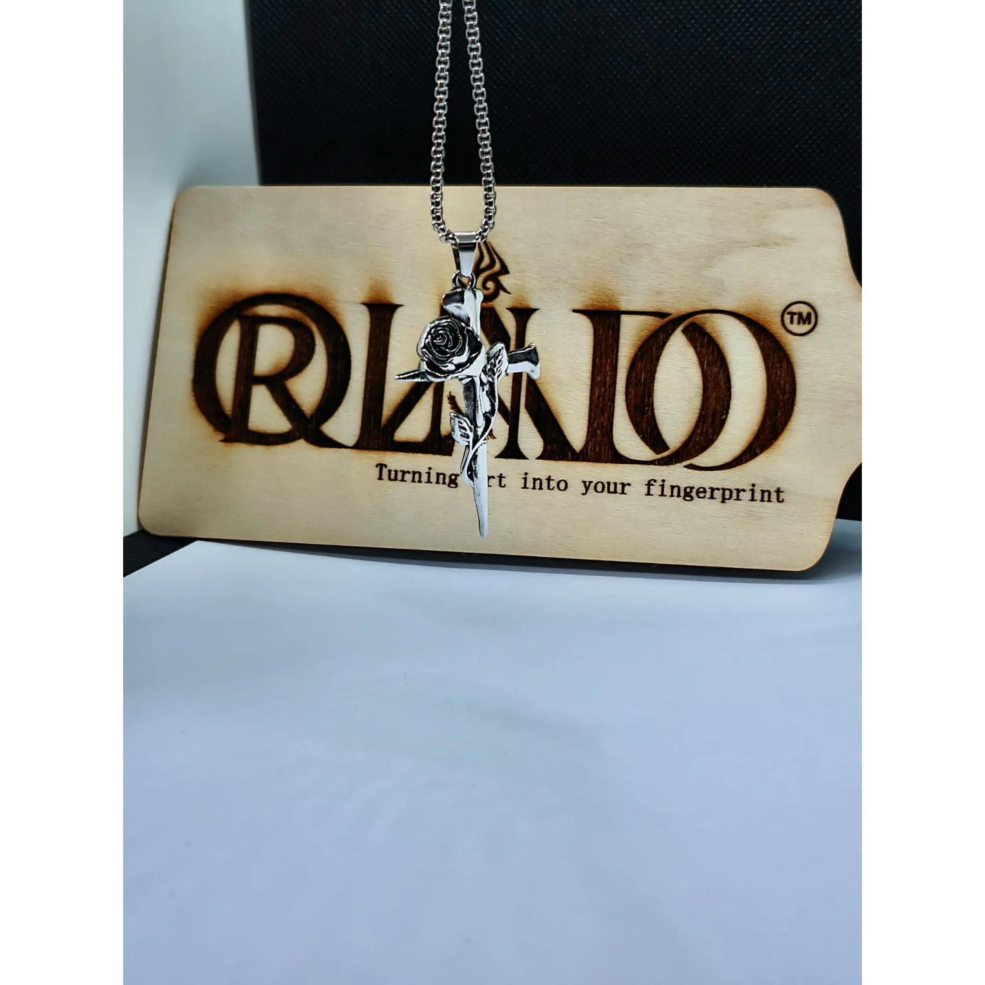 Necklace with Thorn Cross and Rose Pendant in Stainless Steel – Silver 3