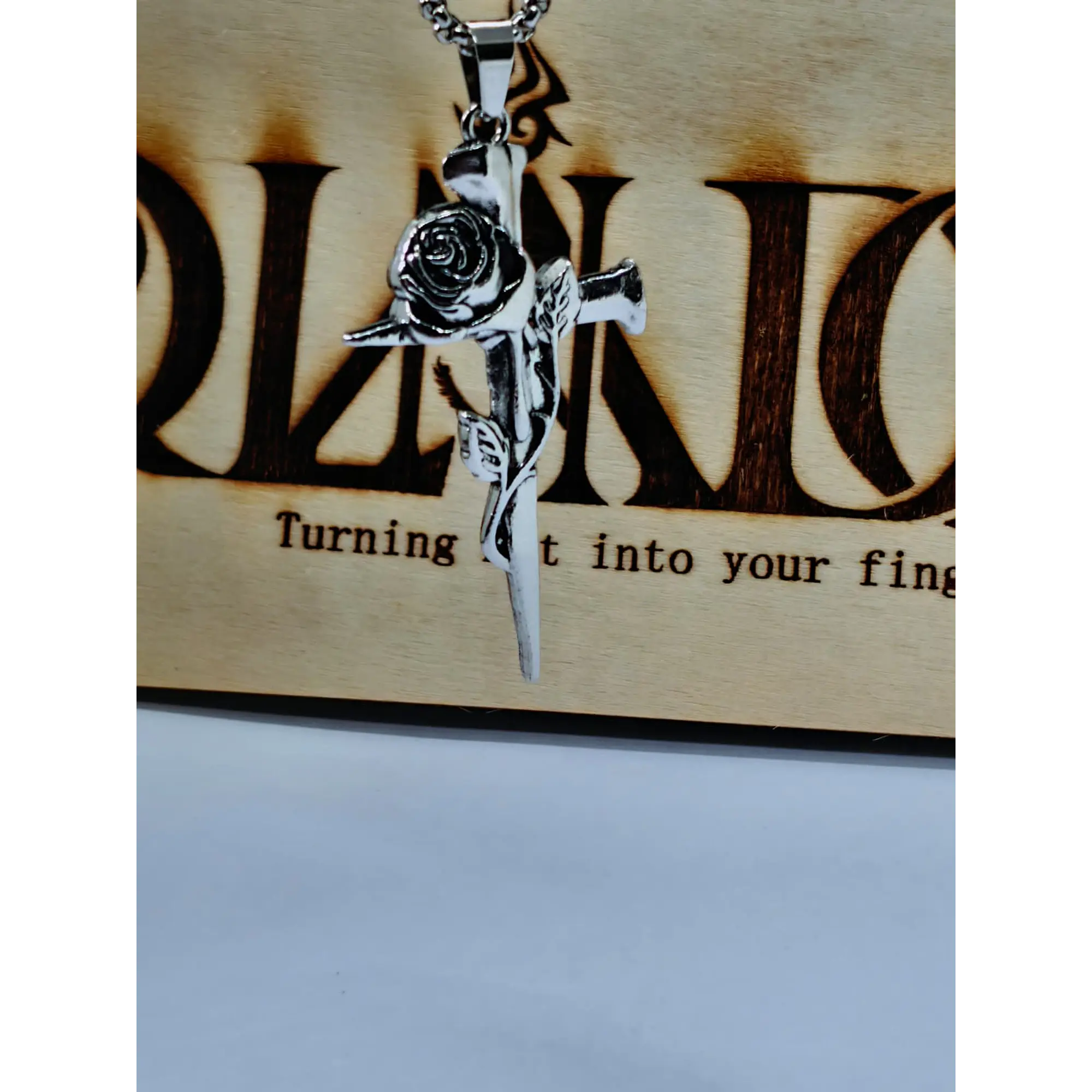 Necklace with Thorn Cross and Rose Pendant in Stainless Steel – Silver 2