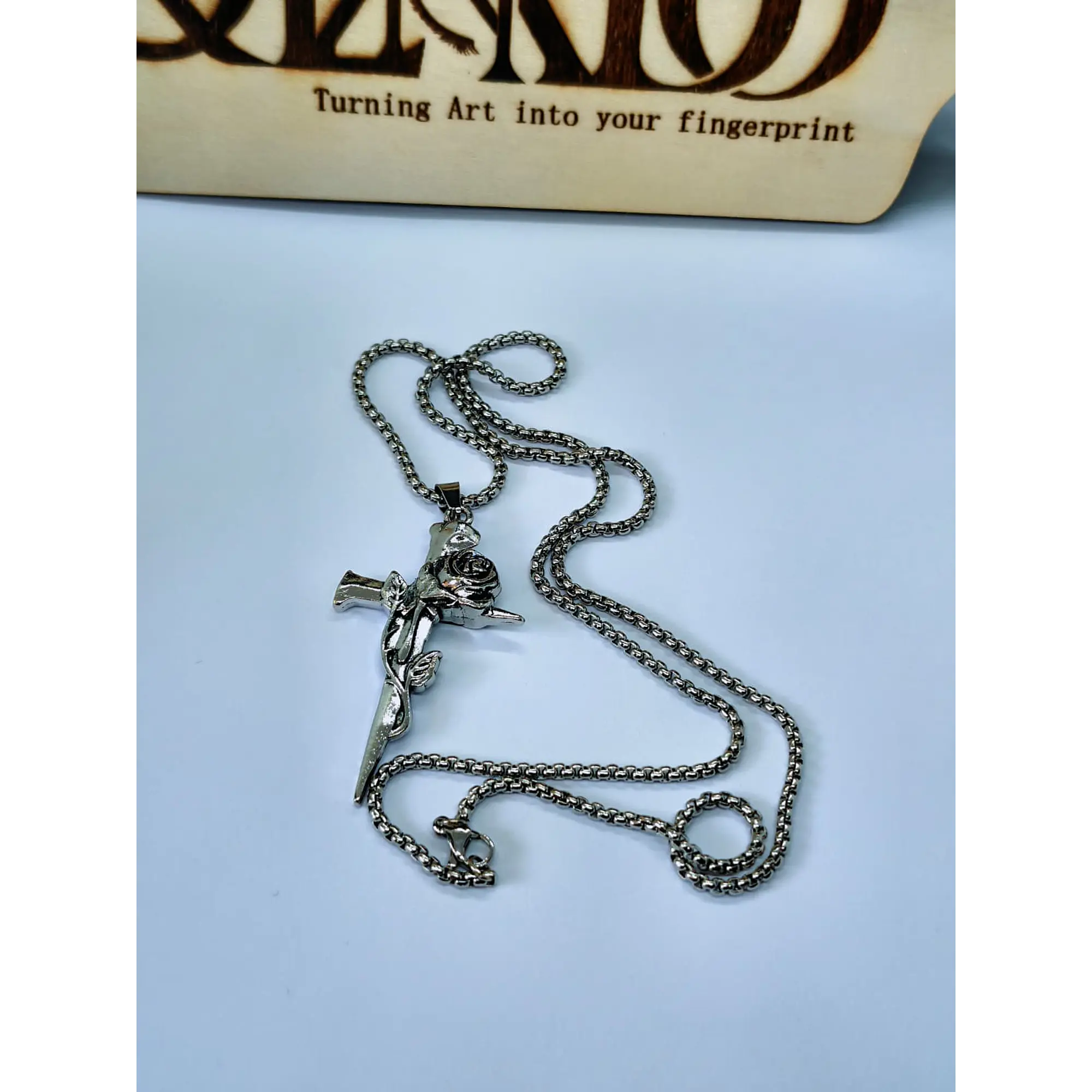 Necklace with Thorn Cross and Rose Pendant in Stainless Steel – Silver 4