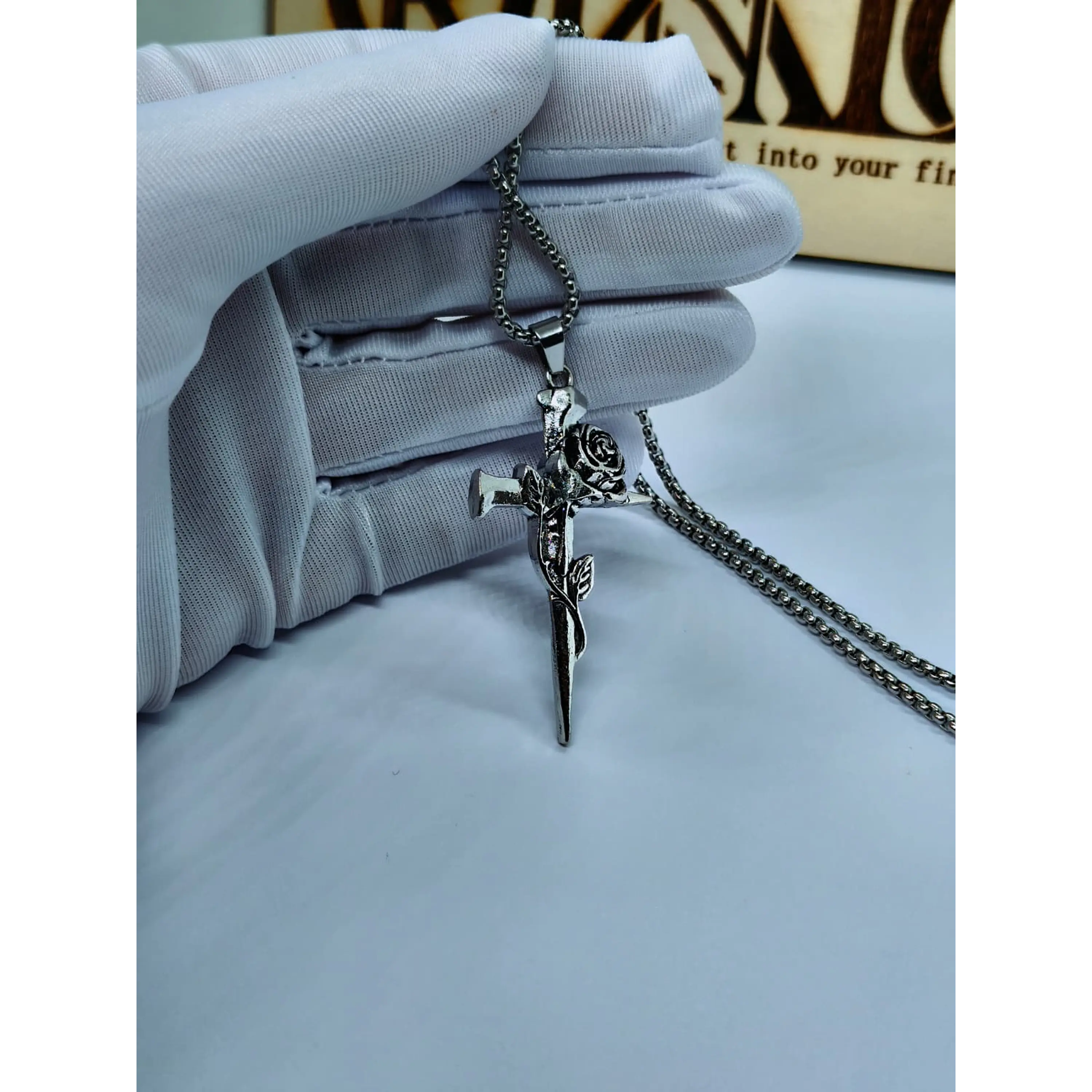 Necklace with Thorn Cross and Rose Pendant in Stainless Steel – Silver 5