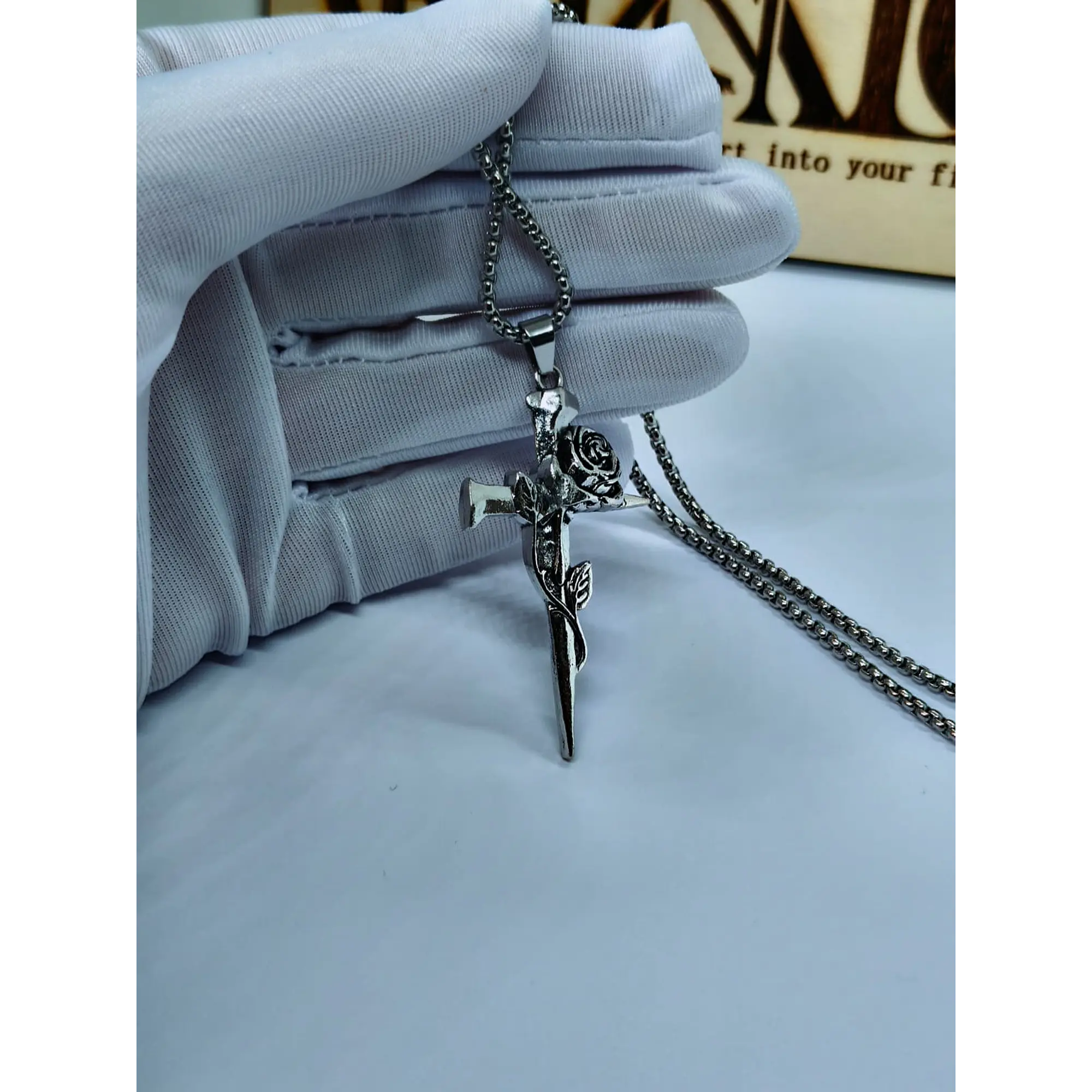 Necklace with Thorn Cross and Rose Pendant in Stainless Steel – Silver 6