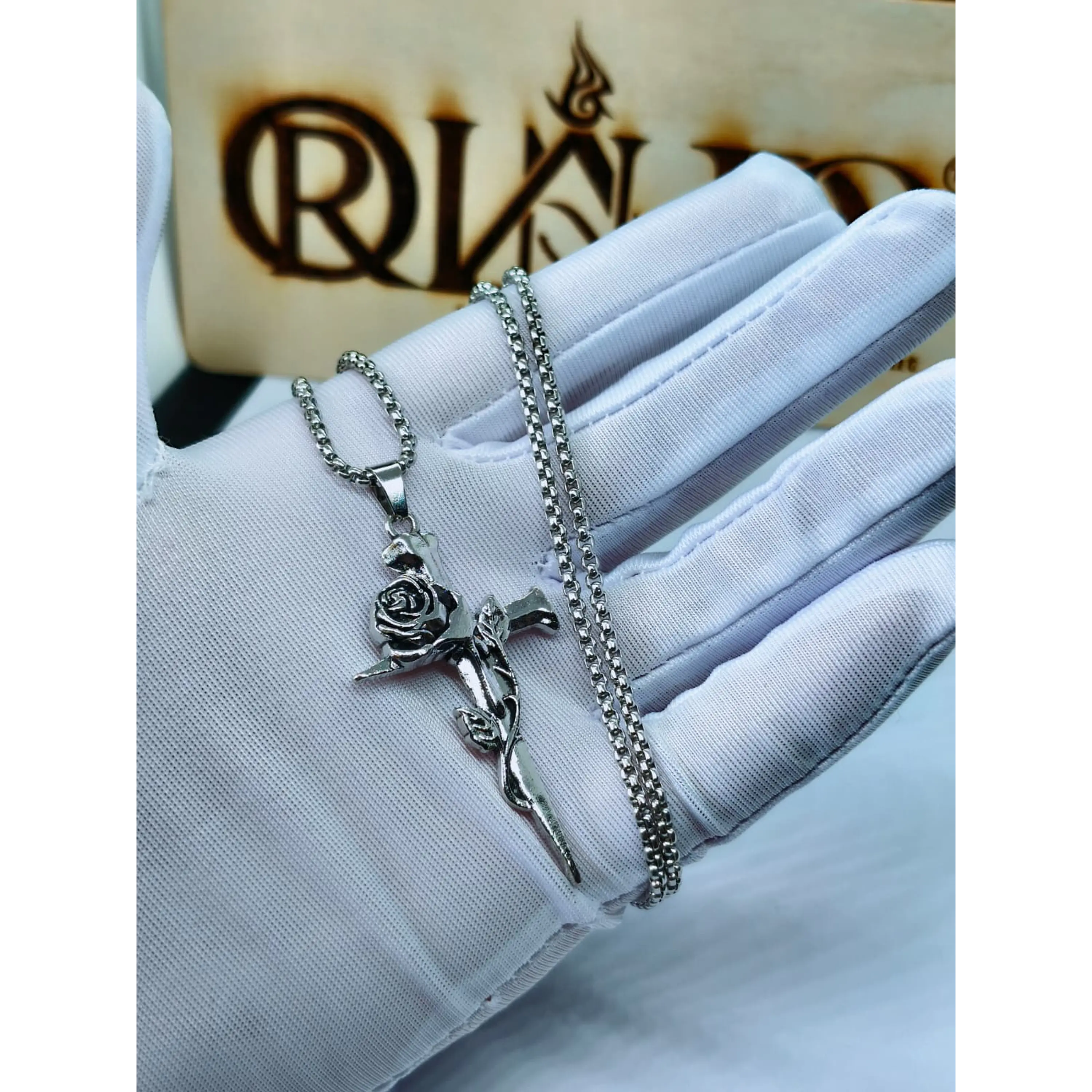 Necklace with Thorn Cross and Rose Pendant in Stainless Steel – Silver 1