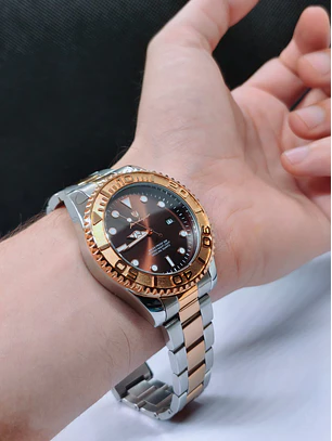 Relógio de Pulso Masculino  – Quartz, Bicolor chocolate, Prateado e Rosa gold