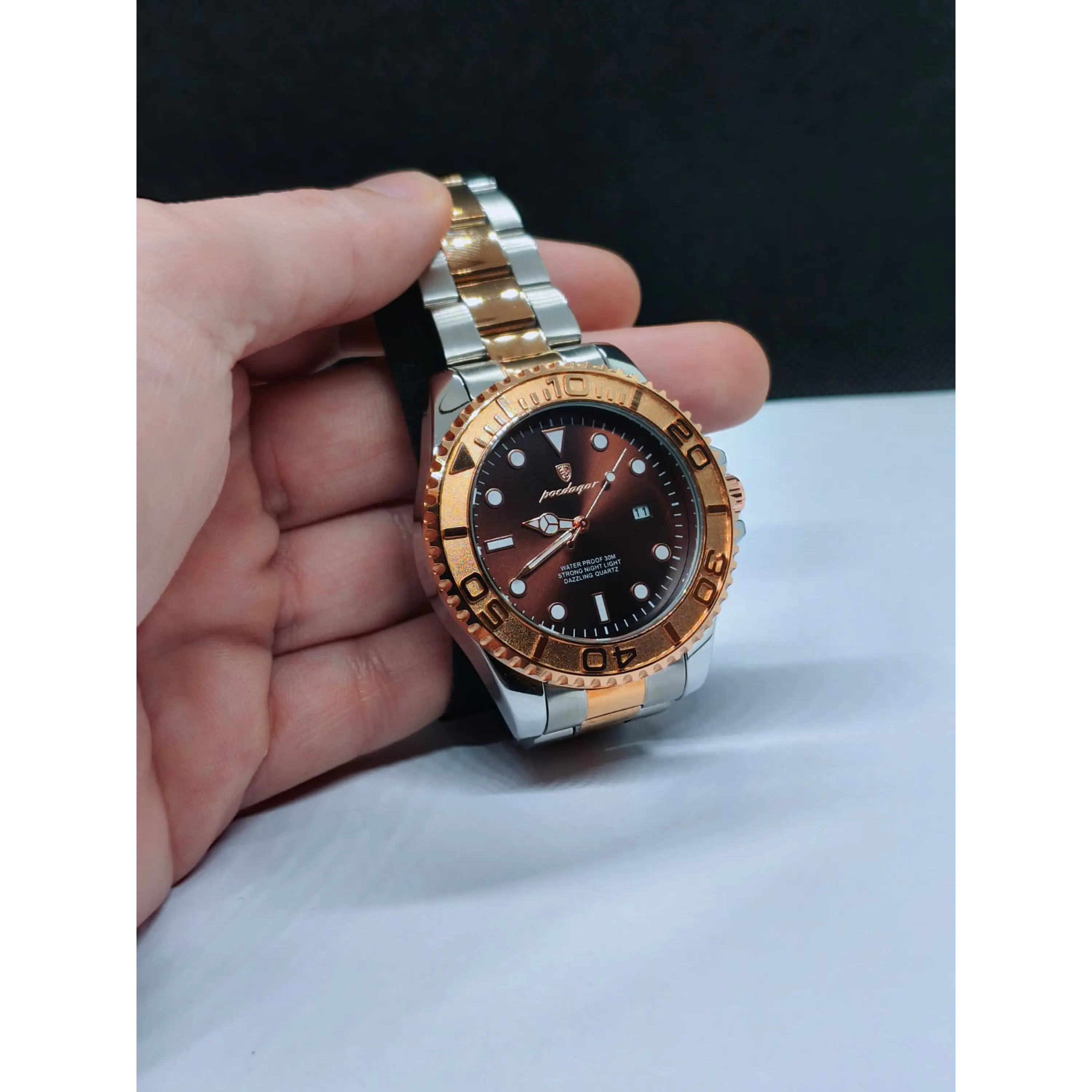 Relógio de Pulso Masculino  – Quartz, Bicolor chocolate, Prateado e Rosa gold 8