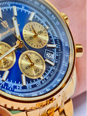 Relógio Cronógrafo Masculino Dourado com Mostrador Azul 