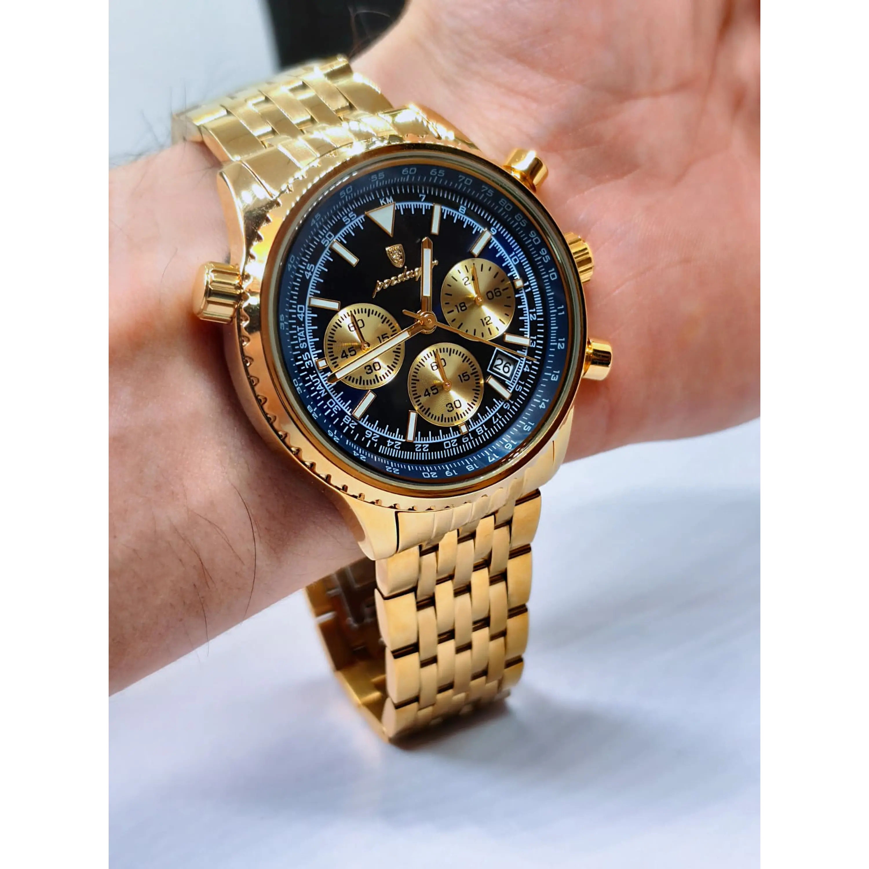 Montre chronographe pour homme en or avec cadran bleu 9