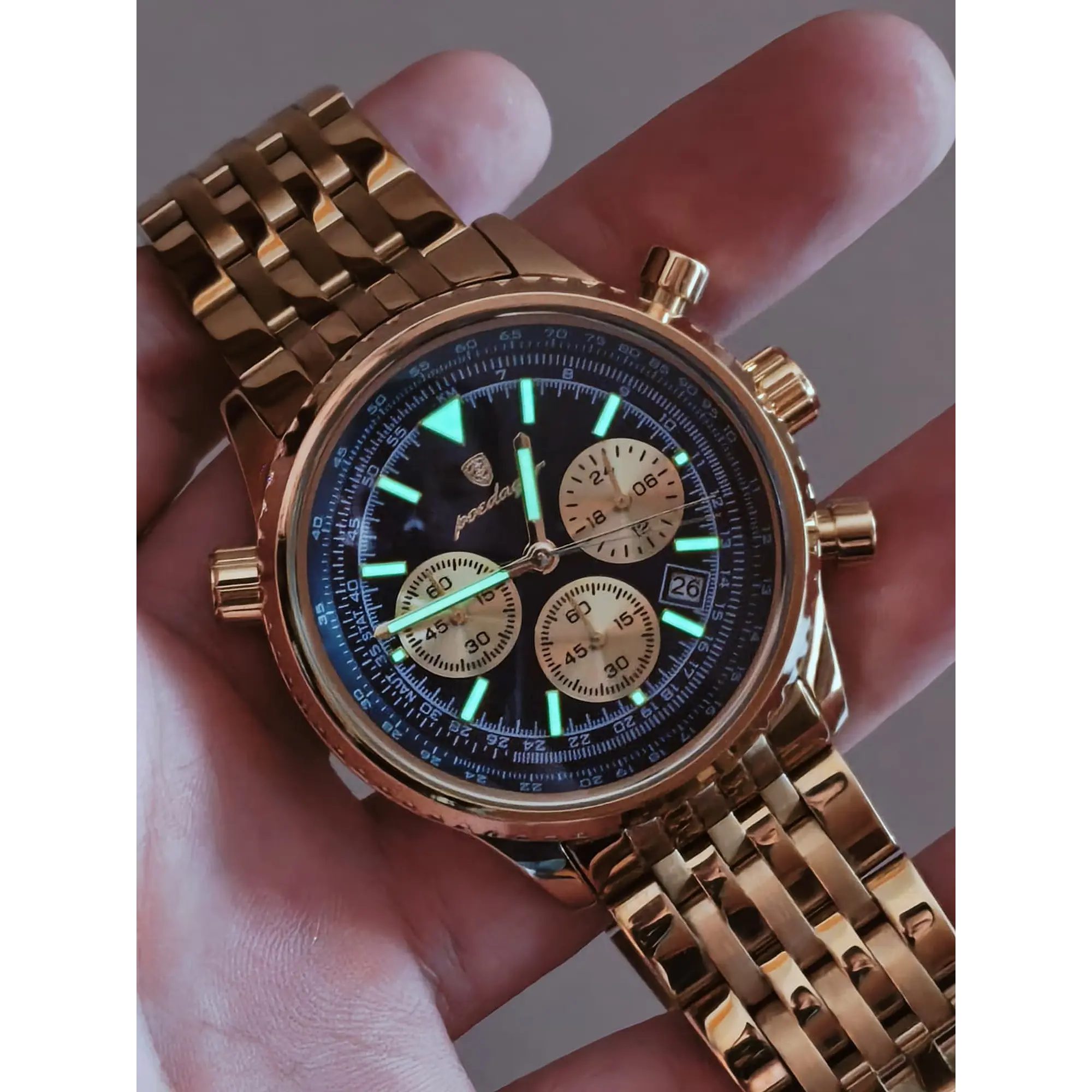 Montre chronographe pour homme en or avec cadran bleu 12