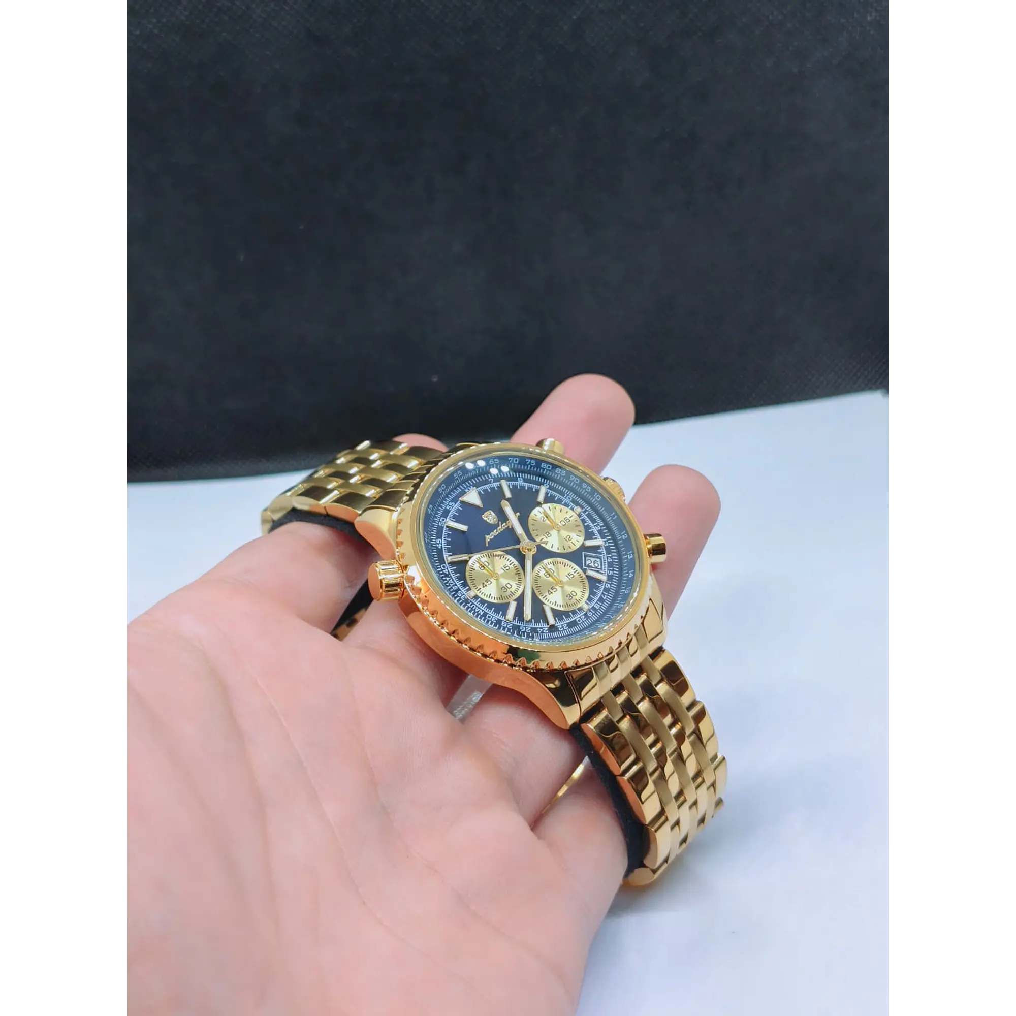 Montre chronographe pour homme en or avec cadran bleu 6