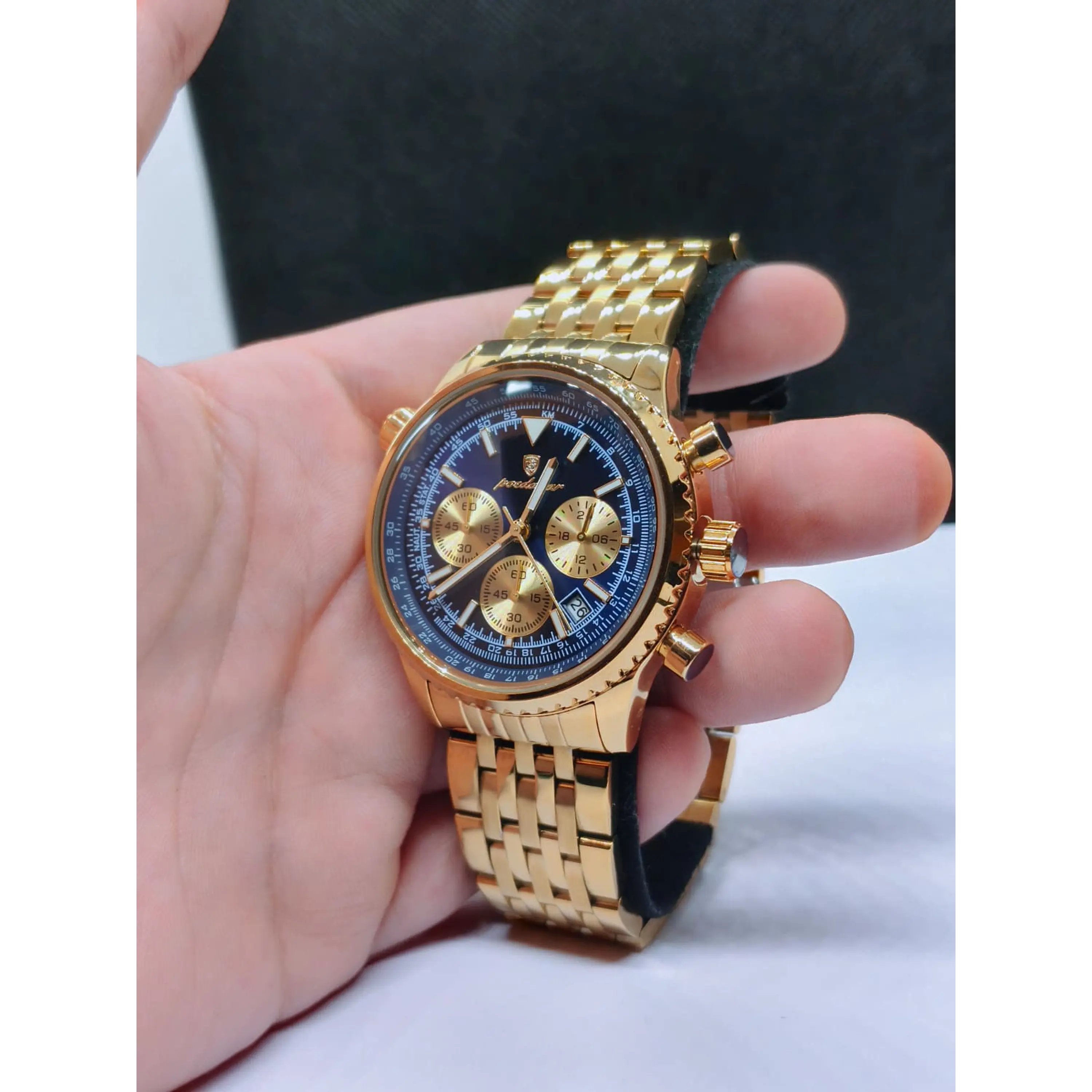 Montre chronographe pour homme en or avec cadran bleu 5