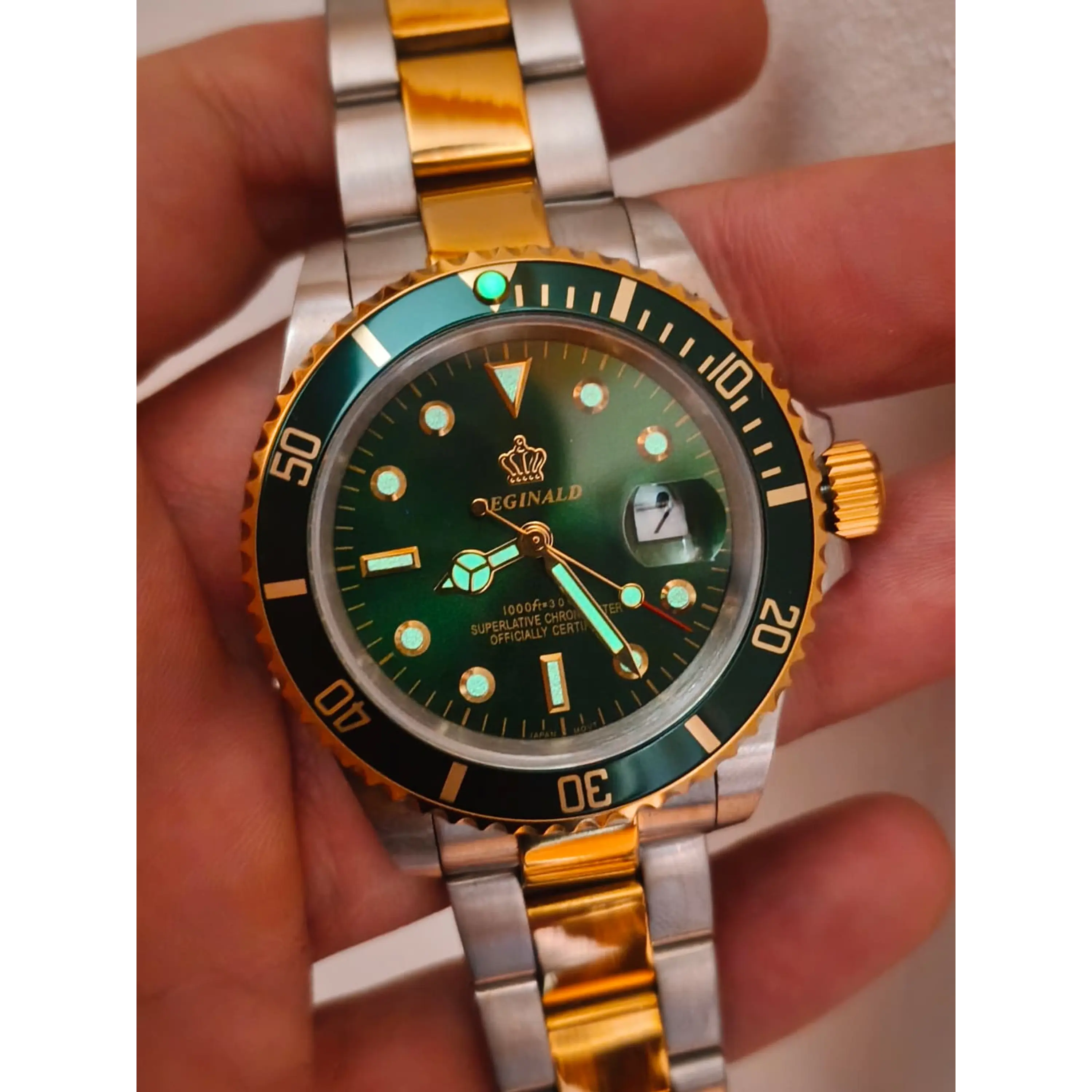 Relógio Masculino Clássico Bicolor Ouro/Verde – Estilo Luxo Mergulhador 12