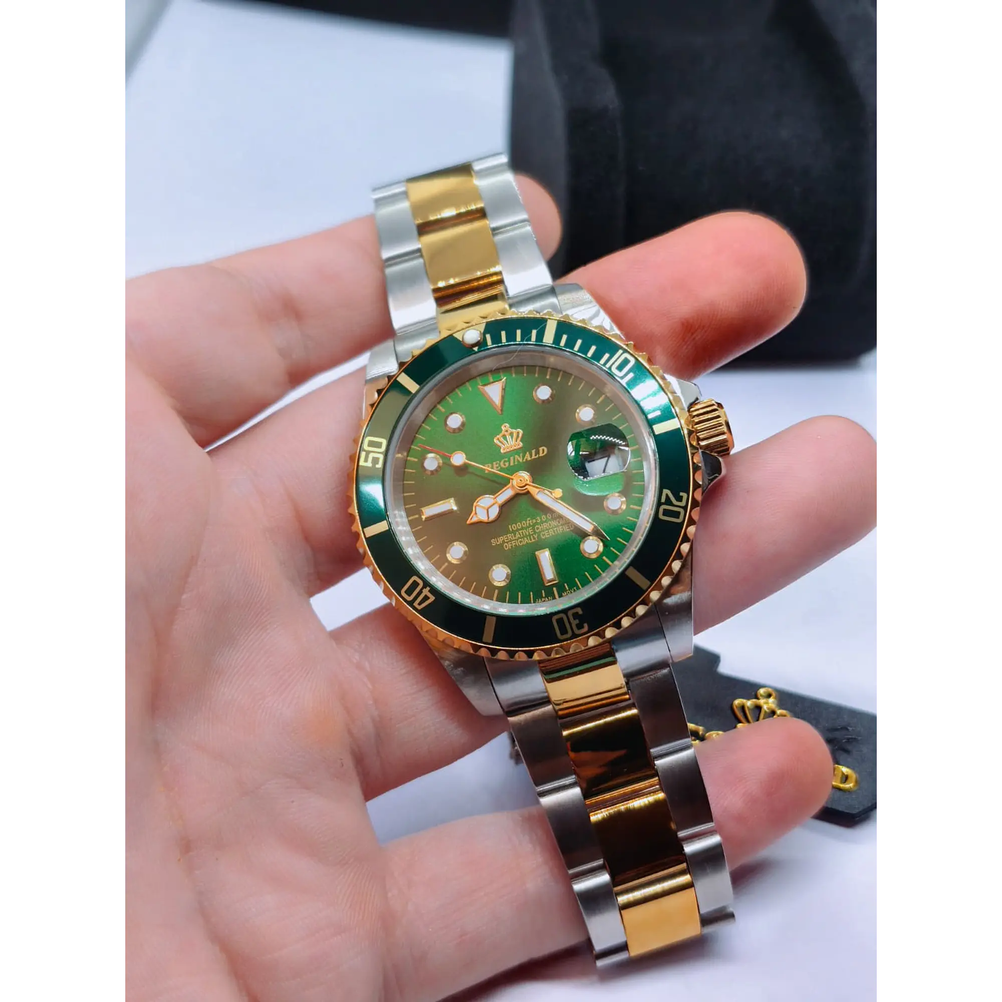 Relógio Masculino Clássico Bicolor Ouro/Verde – Estilo Luxo Mergulhador 7