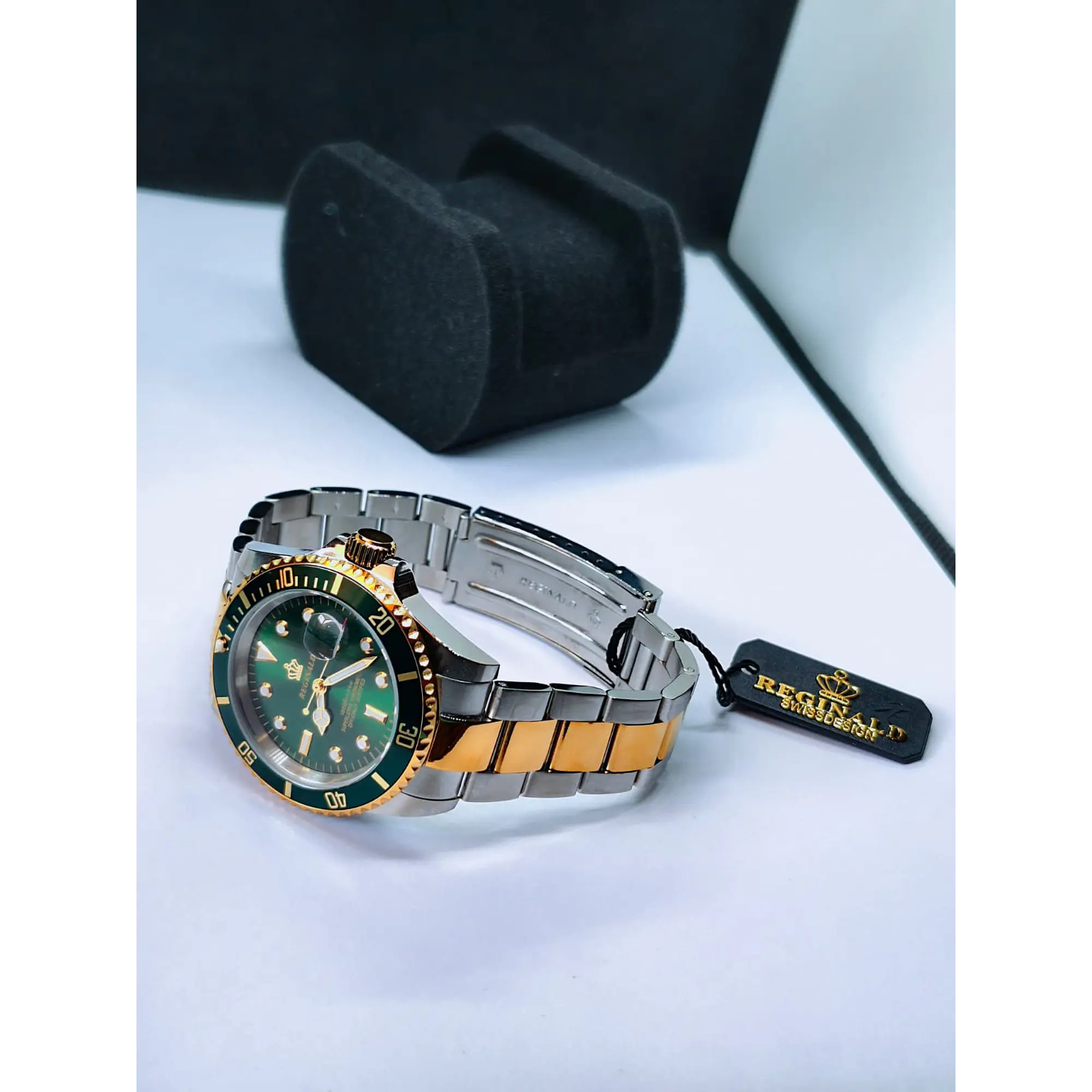 Relógio Masculino Clássico Bicolor Ouro/Verde – Estilo Luxo Mergulhador 1