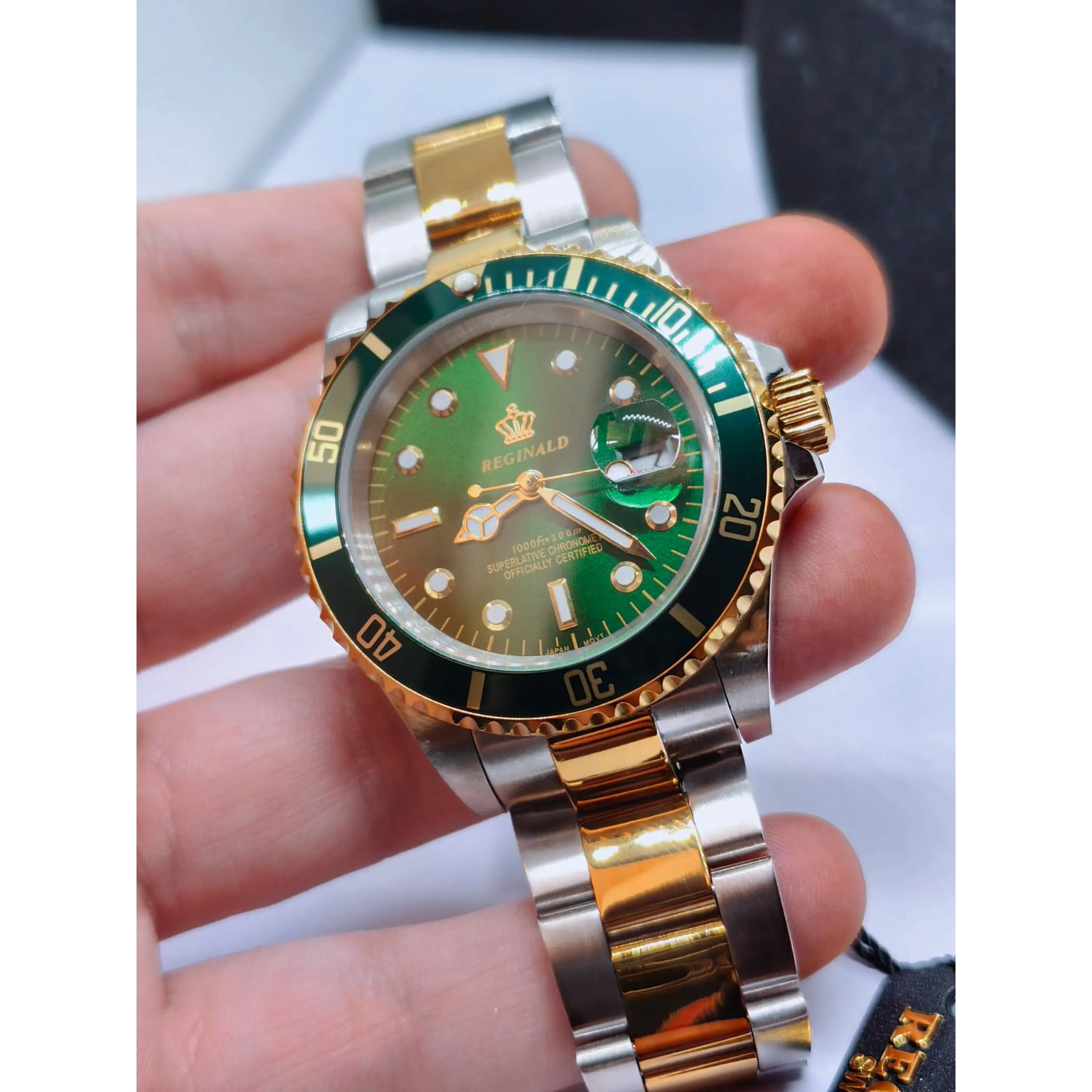 Relógio Masculino Clássico Bicolor Ouro/Verde – Estilo Luxo Mergulhador 4