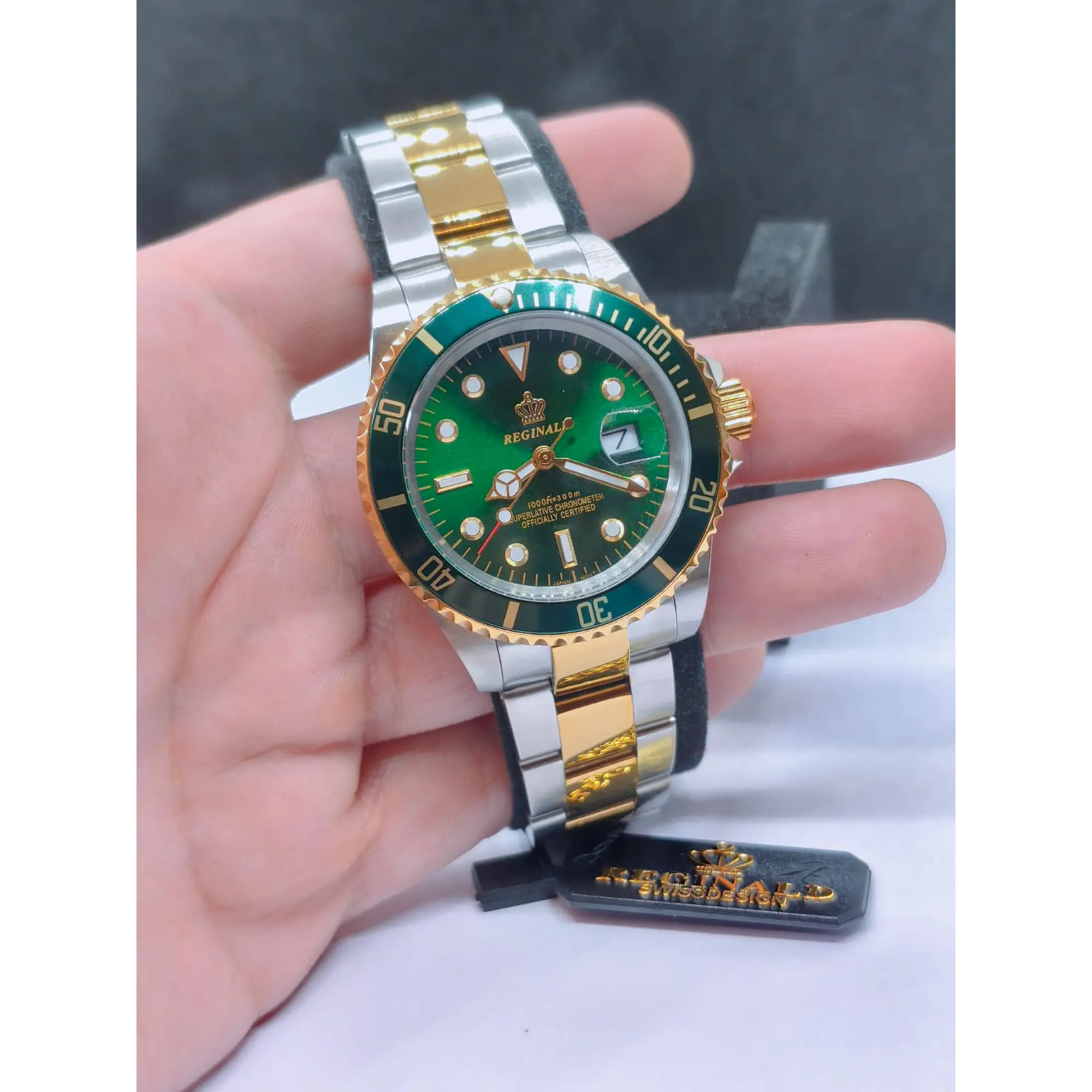 Relógio Masculino Clássico Bicolor Ouro/Verde – Estilo Luxo Mergulhador 10