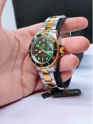 Relógio Masculino Clássico Bicolor Ouro/Verde – Estilo Luxo Mergulhador