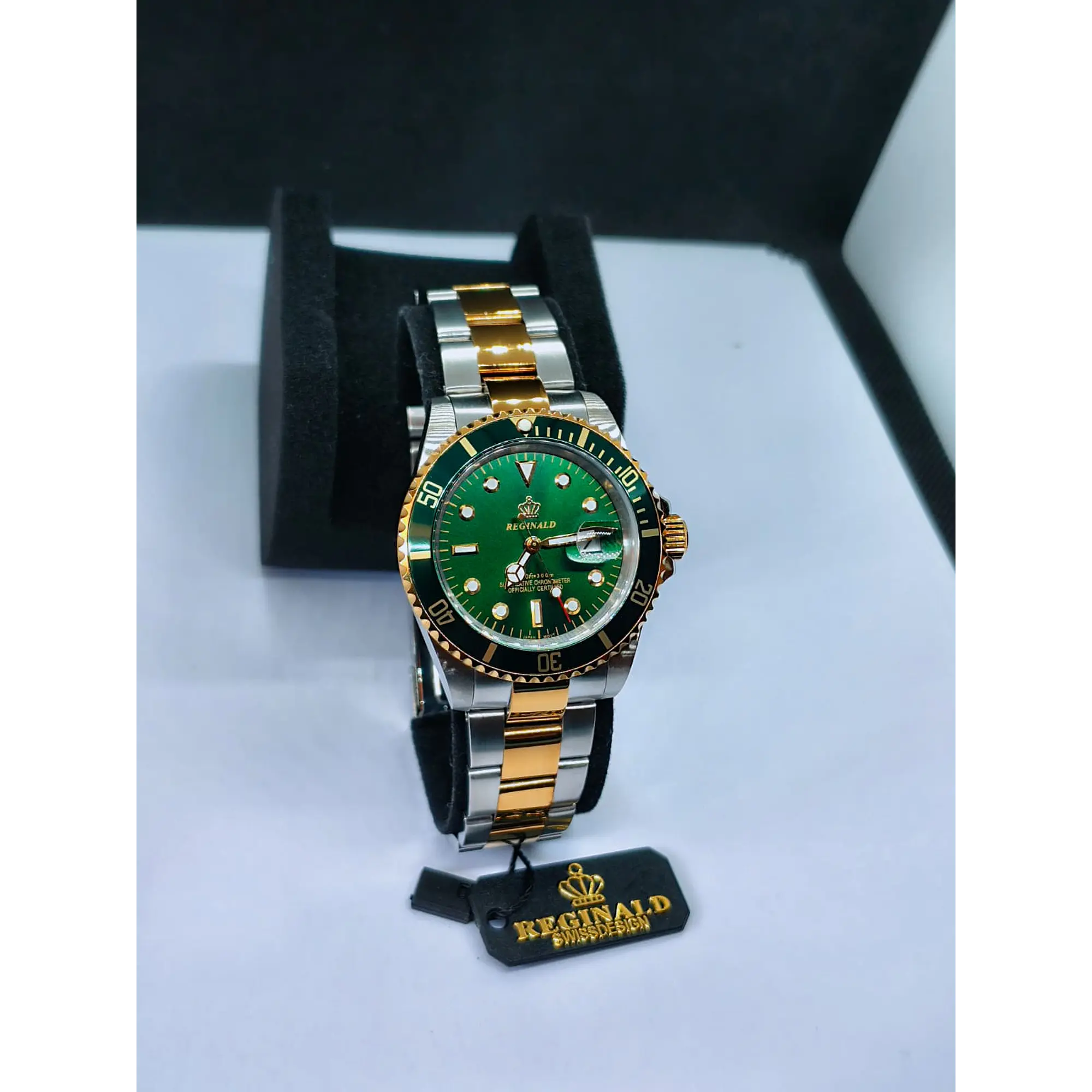 Relógio Masculino Clássico Bicolor Ouro/Verde – Estilo Luxo Mergulhador 14