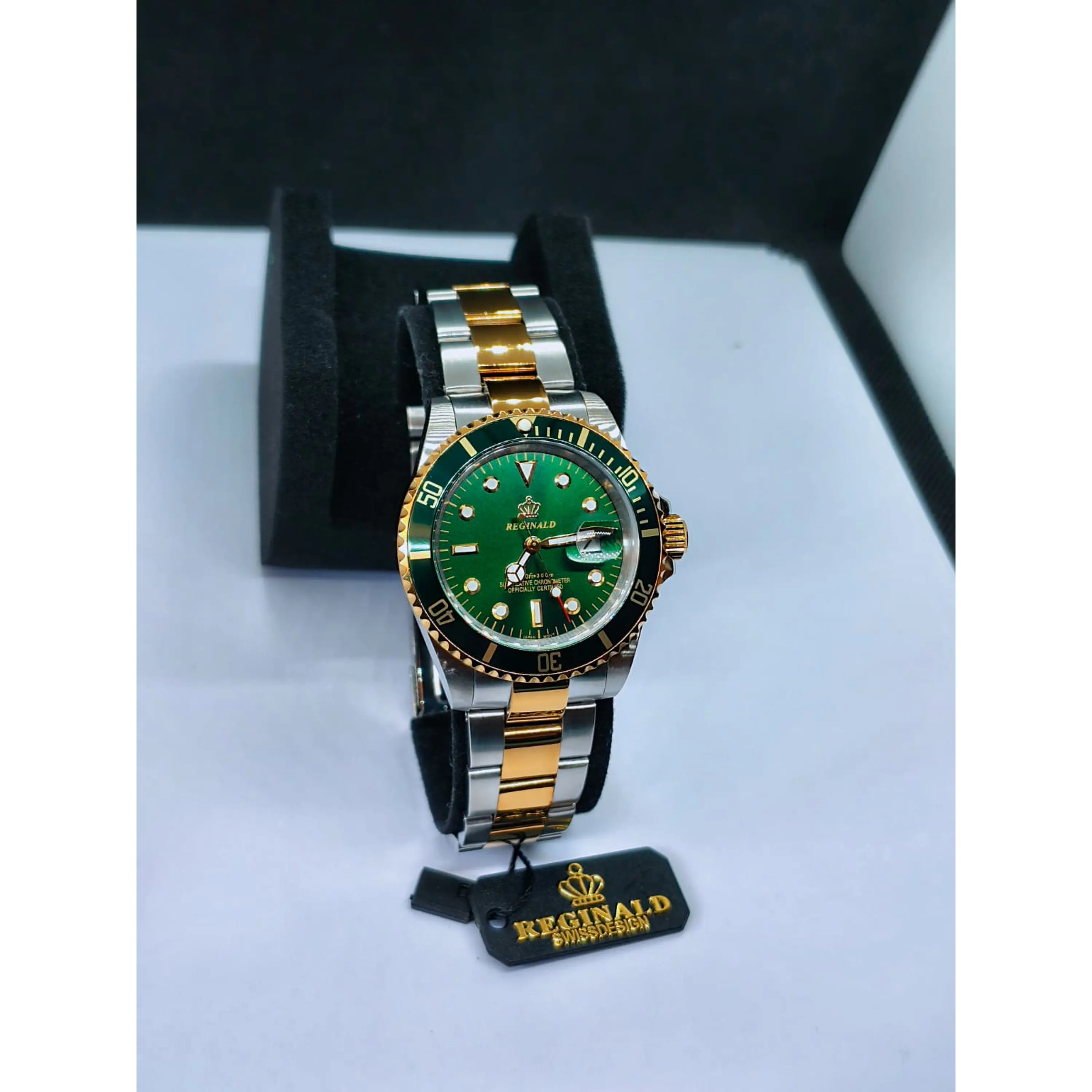 Relógio Masculino Clássico Bicolor Ouro/Verde – Estilo Luxo Mergulhador 14