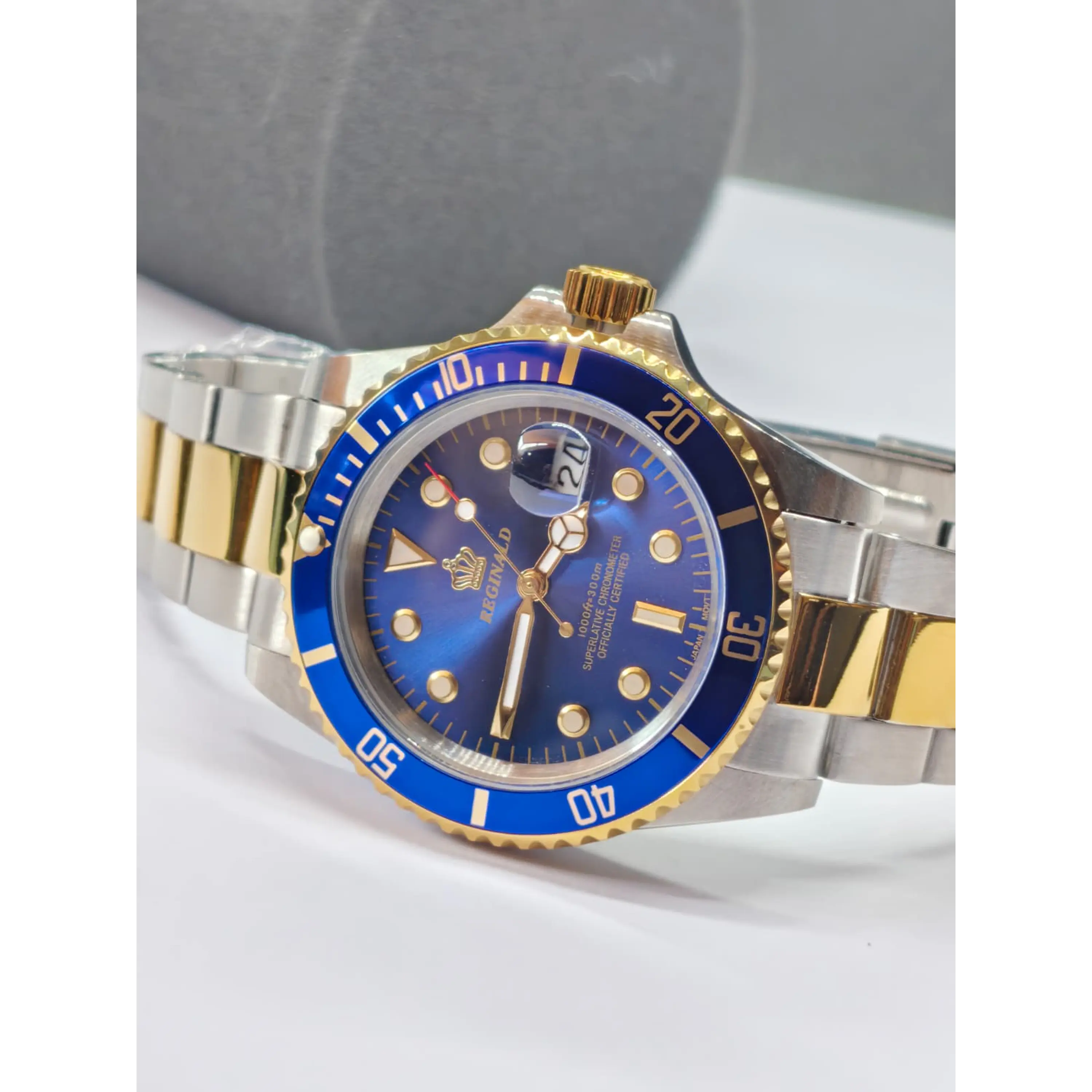Relógio Masculino Clássico Bicolor Ouro/Azul – Estilo Luxo Mergulhador 1