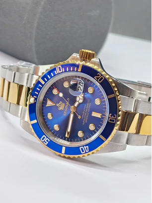 Relógio Masculino Clássico Bicolor Ouro/Azul – Estilo Luxo Mergulhador