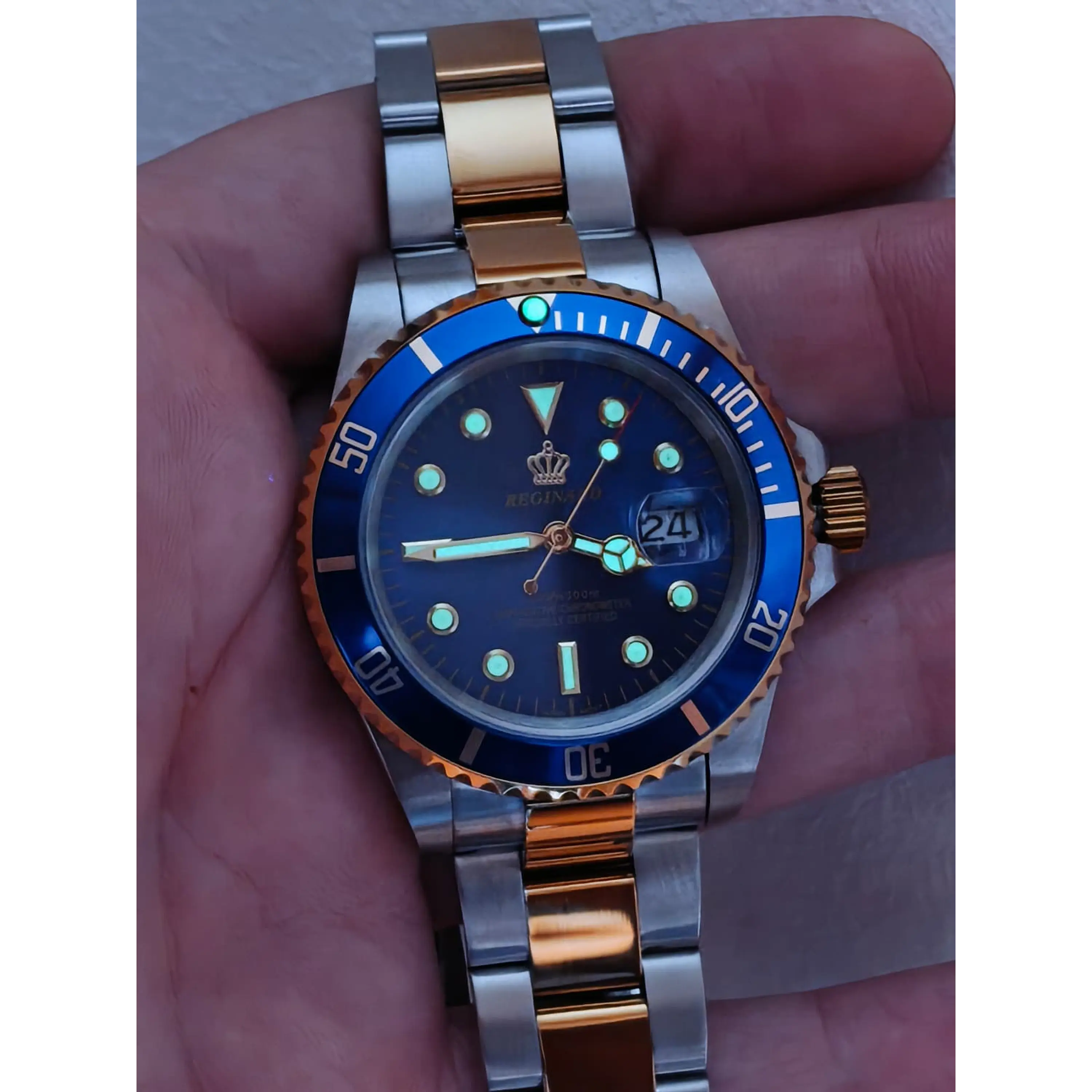 Relógio Masculino Clássico Bicolor Ouro/Azul – Estilo Luxo Mergulhador 10