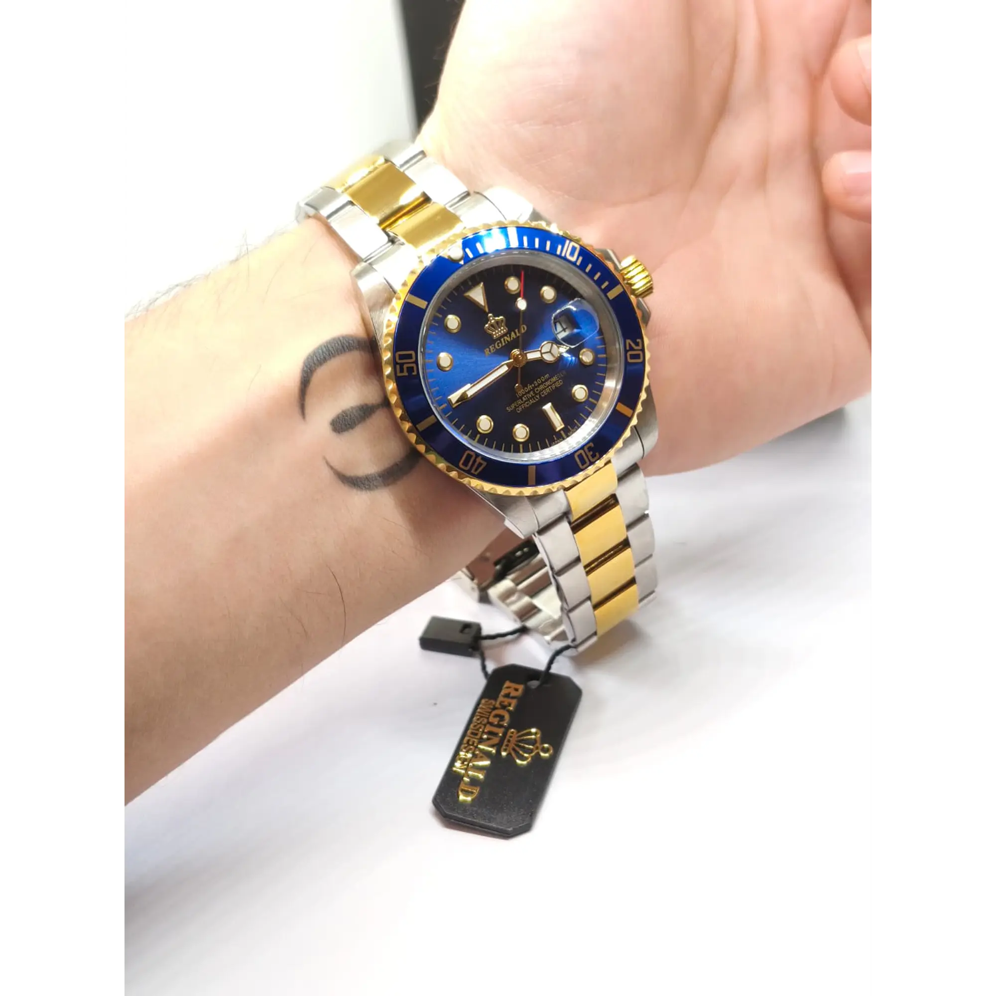 Relógio Masculino Clássico Bicolor Ouro/Azul – Estilo Luxo Mergulhador 11