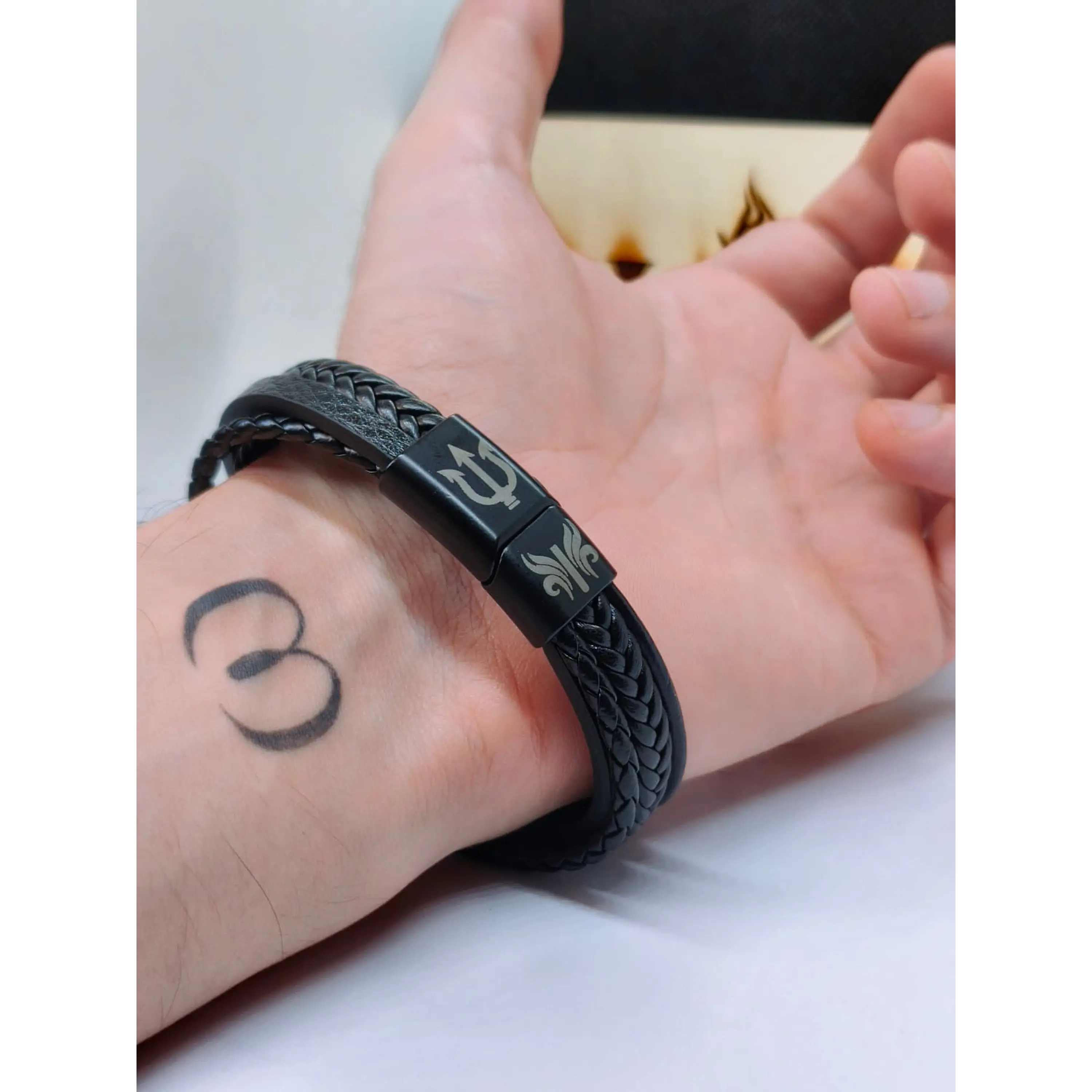 Men's Multilayer Black Leather Bracelet with Trident Magnetic Clasp 2