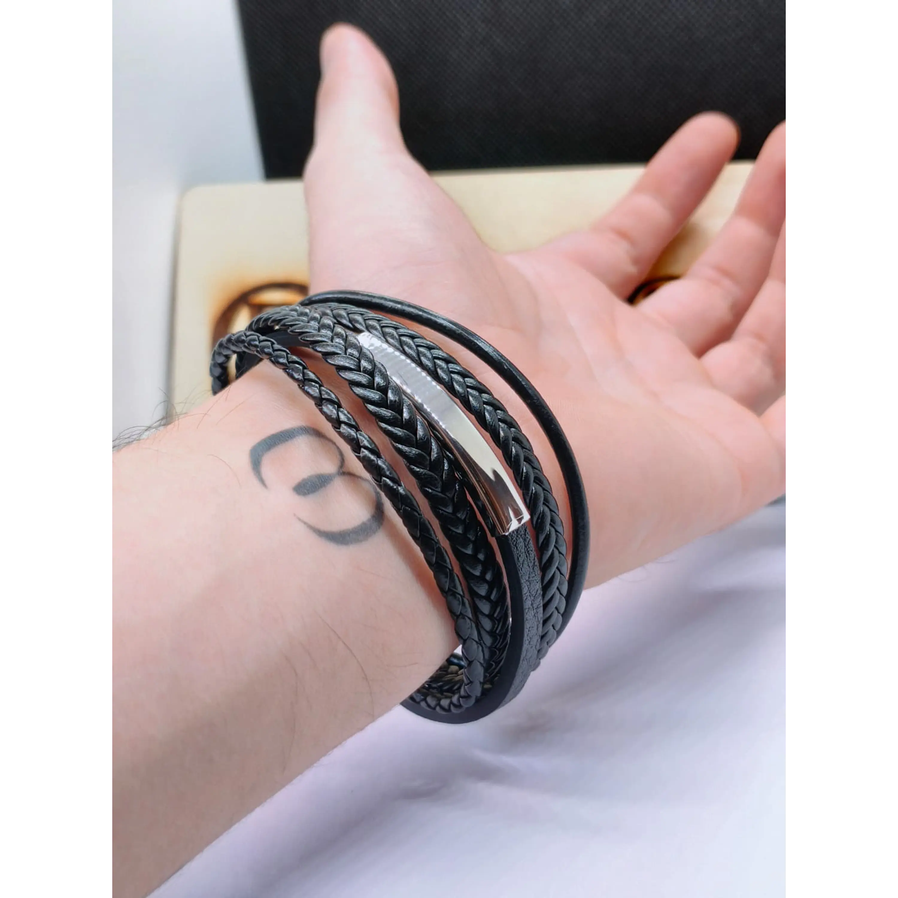Men's Multilayer Black Leather Bracelet with Trident Magnetic Clasp 4