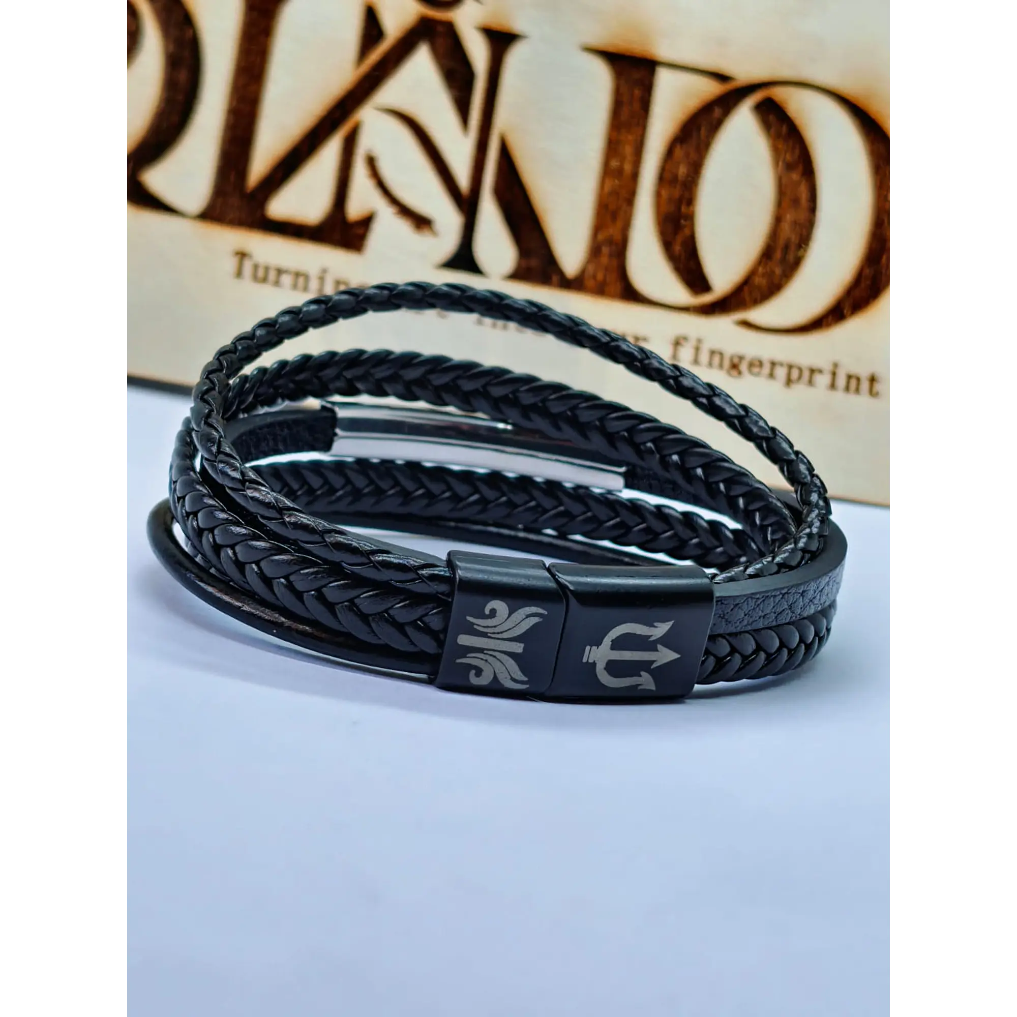Men's Multilayer Black Leather Bracelet with Trident Magnetic Clasp 1