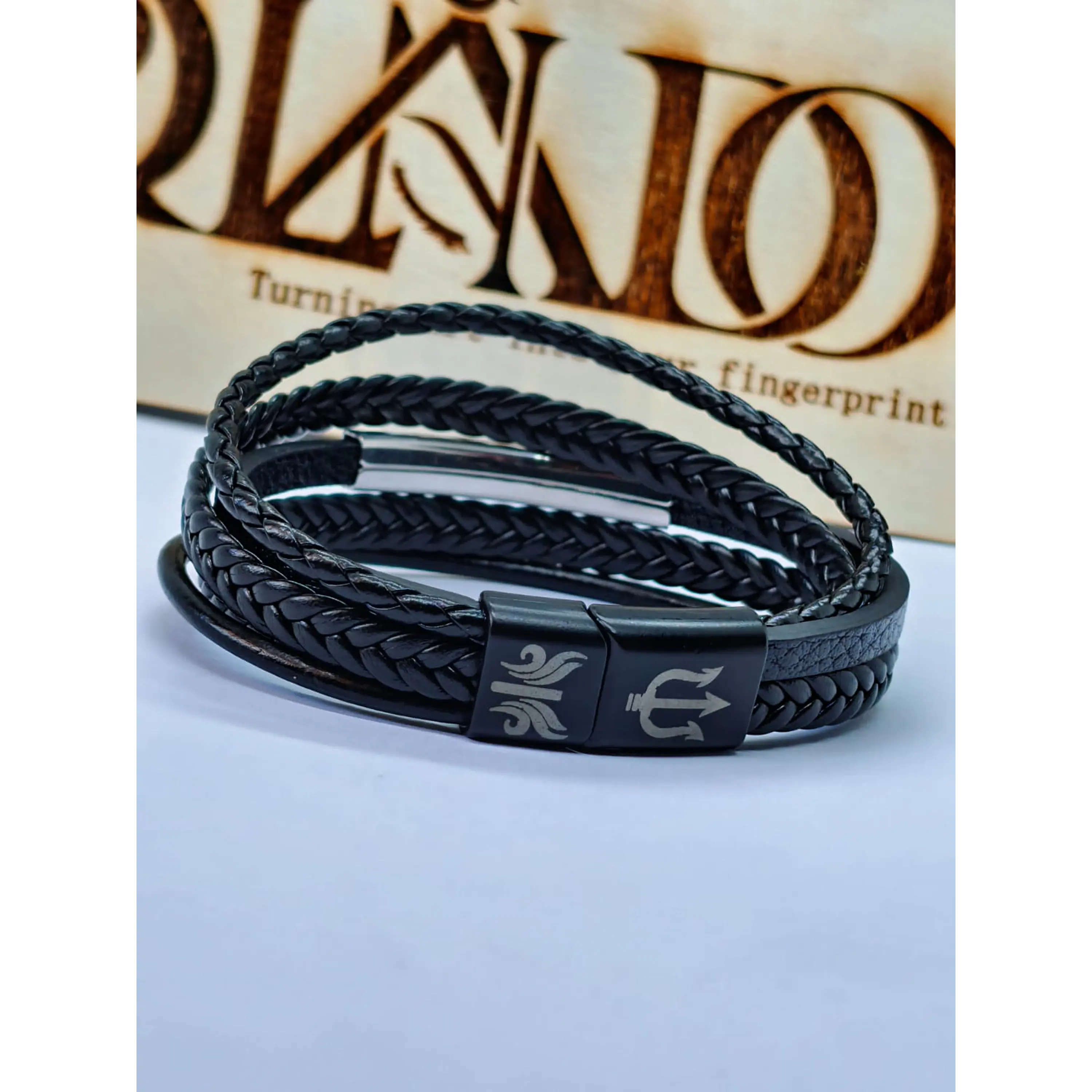 Men's Multilayer Black Leather Bracelet with Trident Magnetic Clasp 1