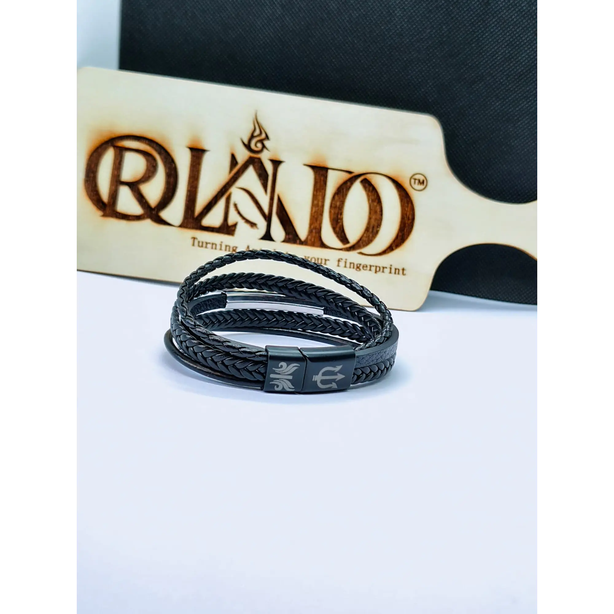 Men's Multilayer Black Leather Bracelet with Trident Magnetic Clasp 5