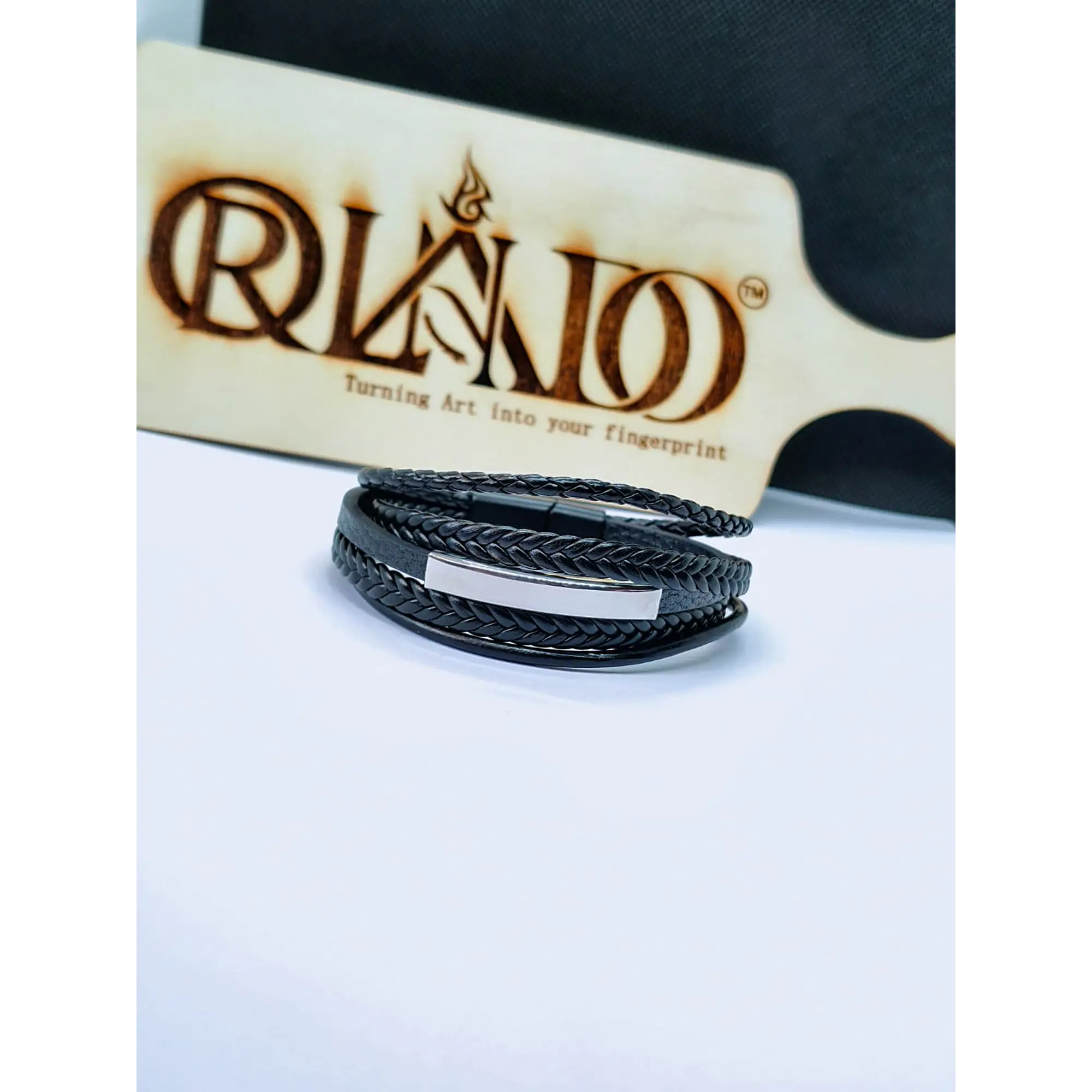 Men's Multilayer Black Leather Bracelet with Trident Magnetic Clasp 6