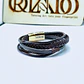 Pulseira Masculina Multicamadas em Pele Castanha com Fecho Magnético Dourado 