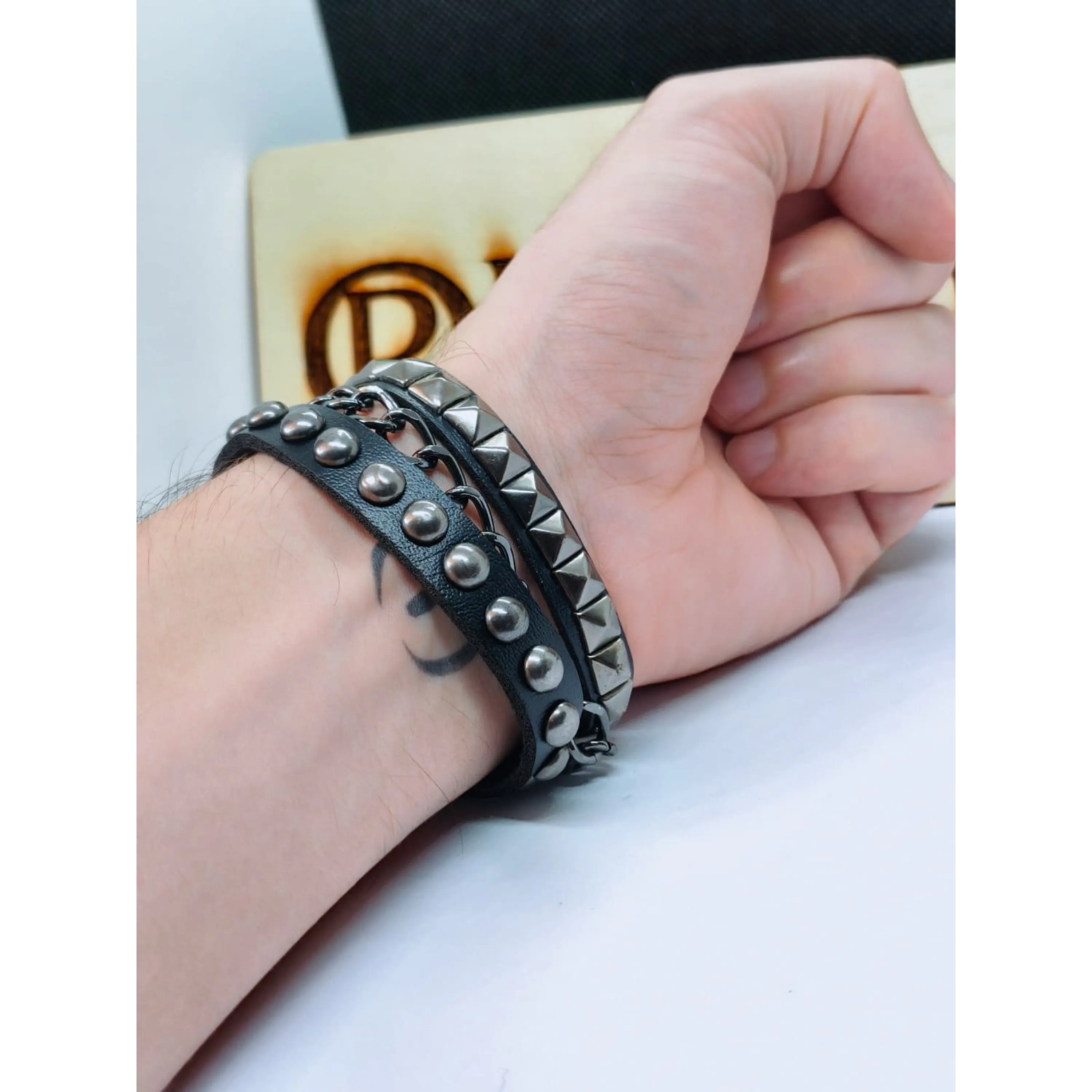 Men's Black Leather Bracelet with Studs and Chain, Rock/Punk Style 6