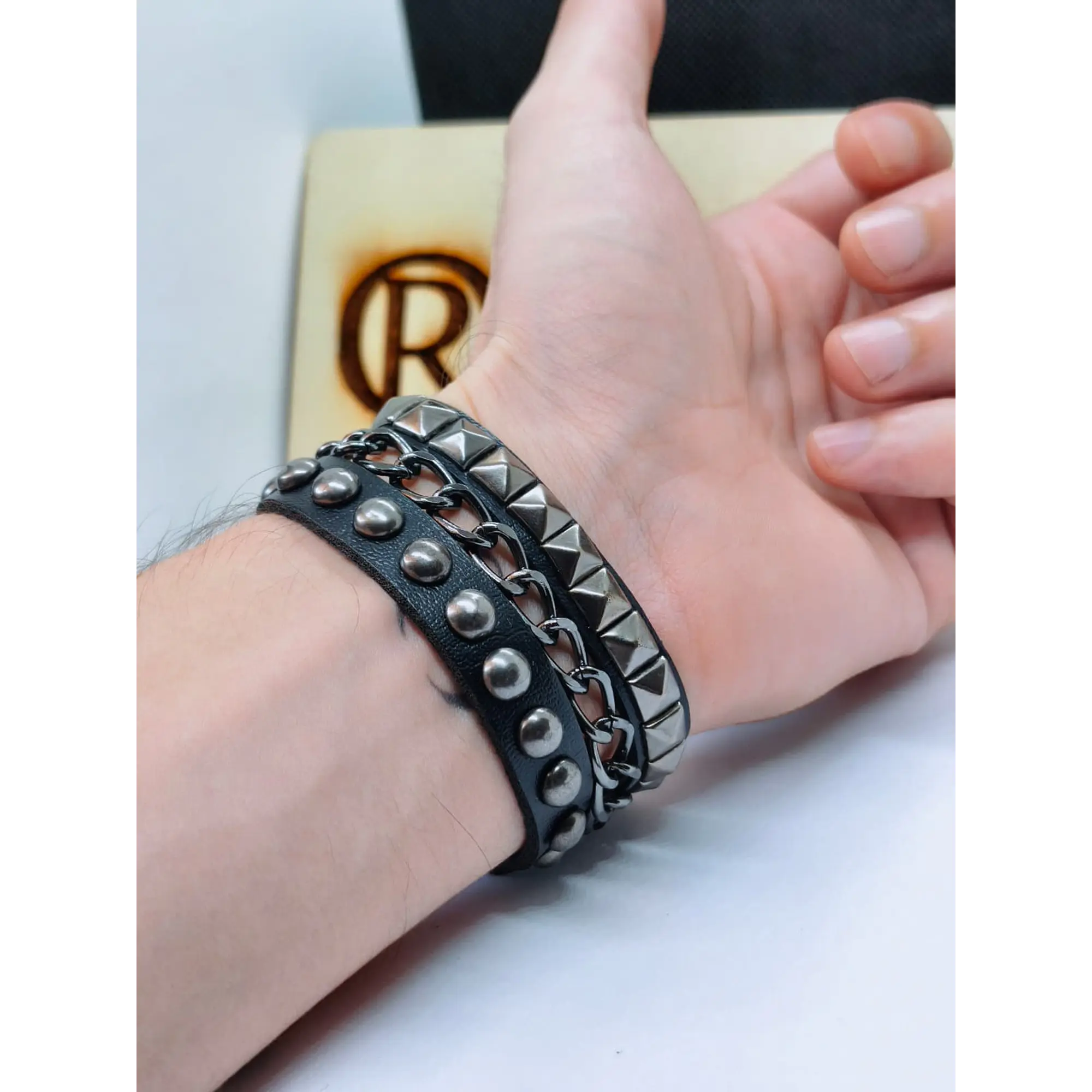 Men's Black Leather Bracelet with Studs and Chain, Rock/Punk Style 2