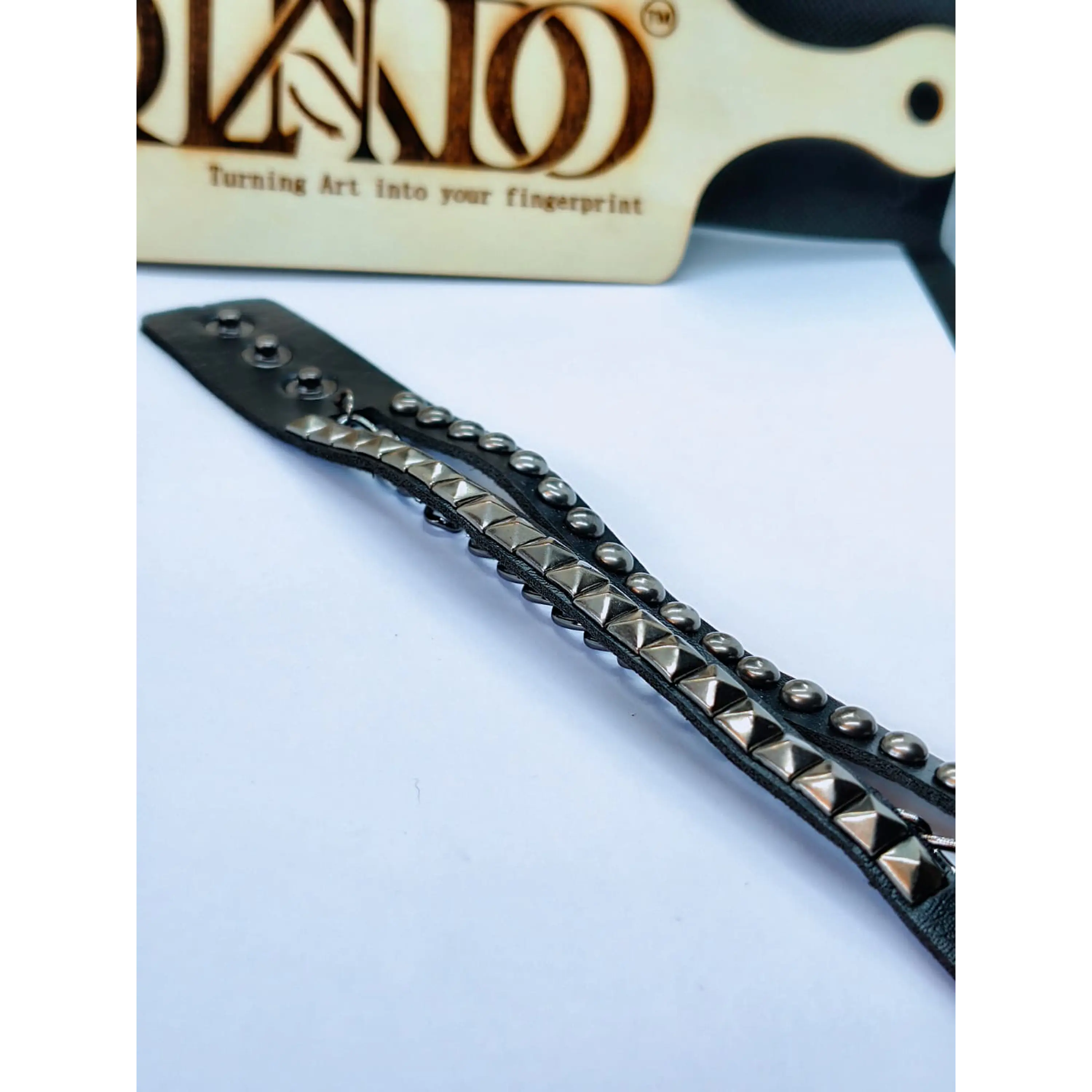 Men's Black Leather Bracelet with Studs and Chain, Rock/Punk Style 3
