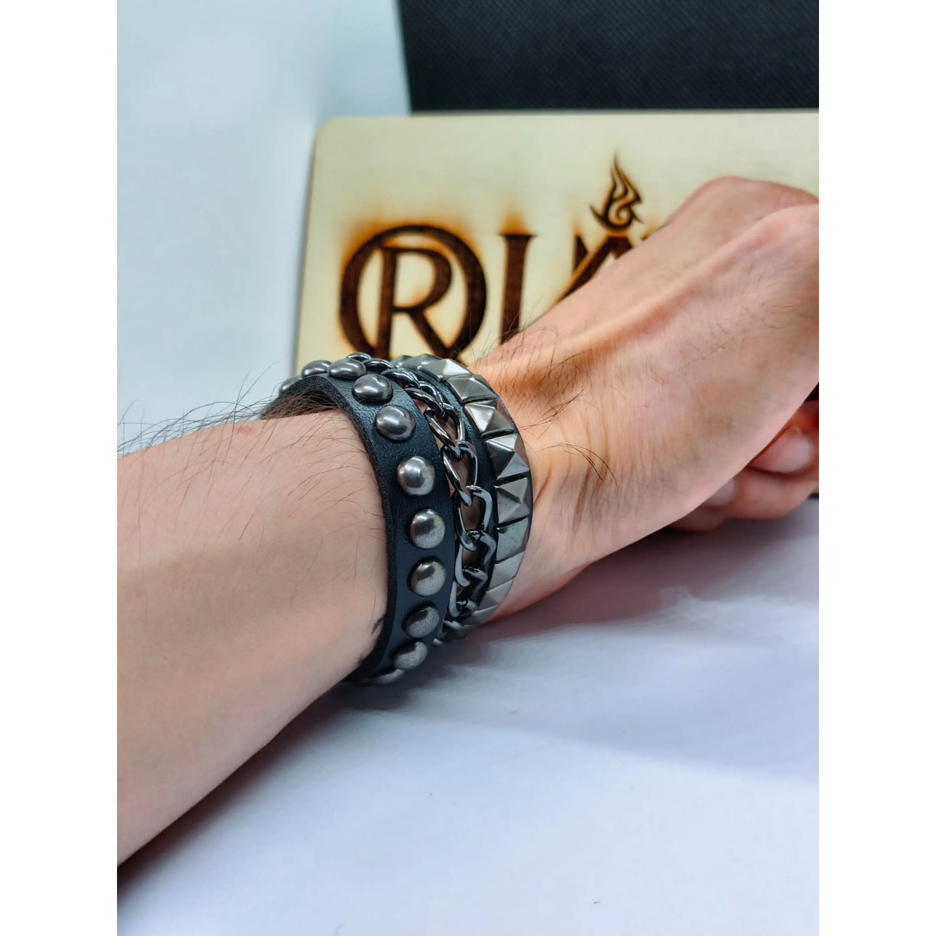 Men's Black Leather Bracelet with Studs and Chain, Rock/Punk Style 4