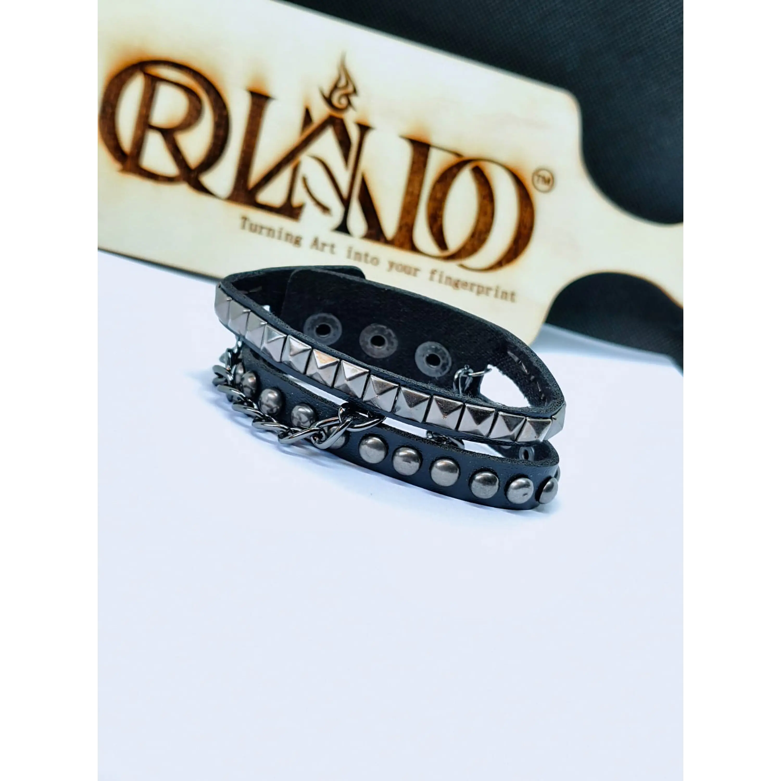 Men's Black Leather Bracelet with Studs and Chain, Rock/Punk Style 7
